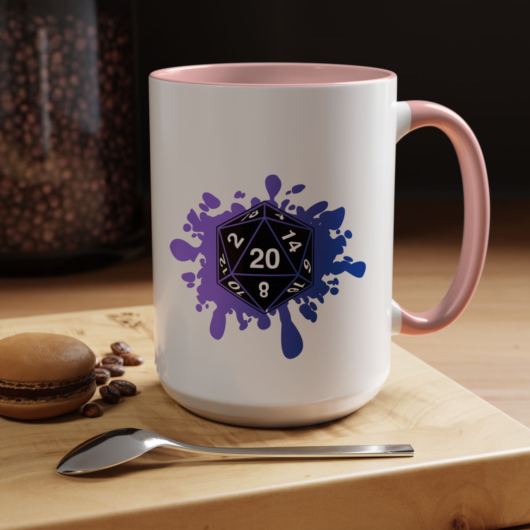 D20 Splash Coffee Mug — Gamer Dice 15oz Accent Mug