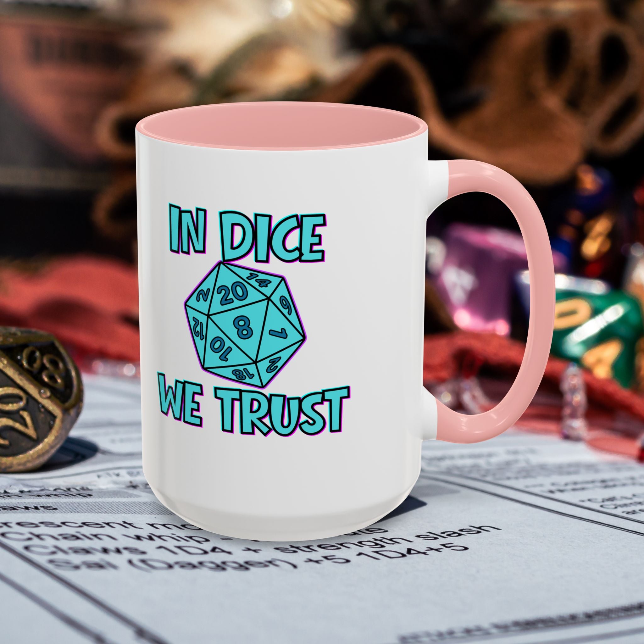 D20 Coffee Mug — "In Dice We Trust" Gamer RPG Dice Mug (15oz Accent)