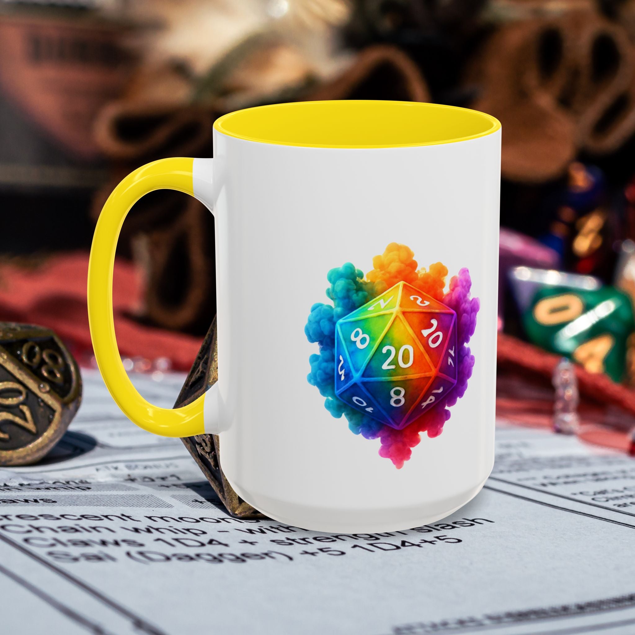 D20 Rainbow Dice Coffee Mug — Colorful Tabletop RPG Gamer Mug (15 oz)