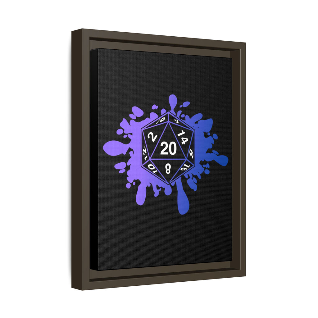 D20 Splash Matte Canvas Framed Wall Art — Purple Blue Tabletop RPG Decor