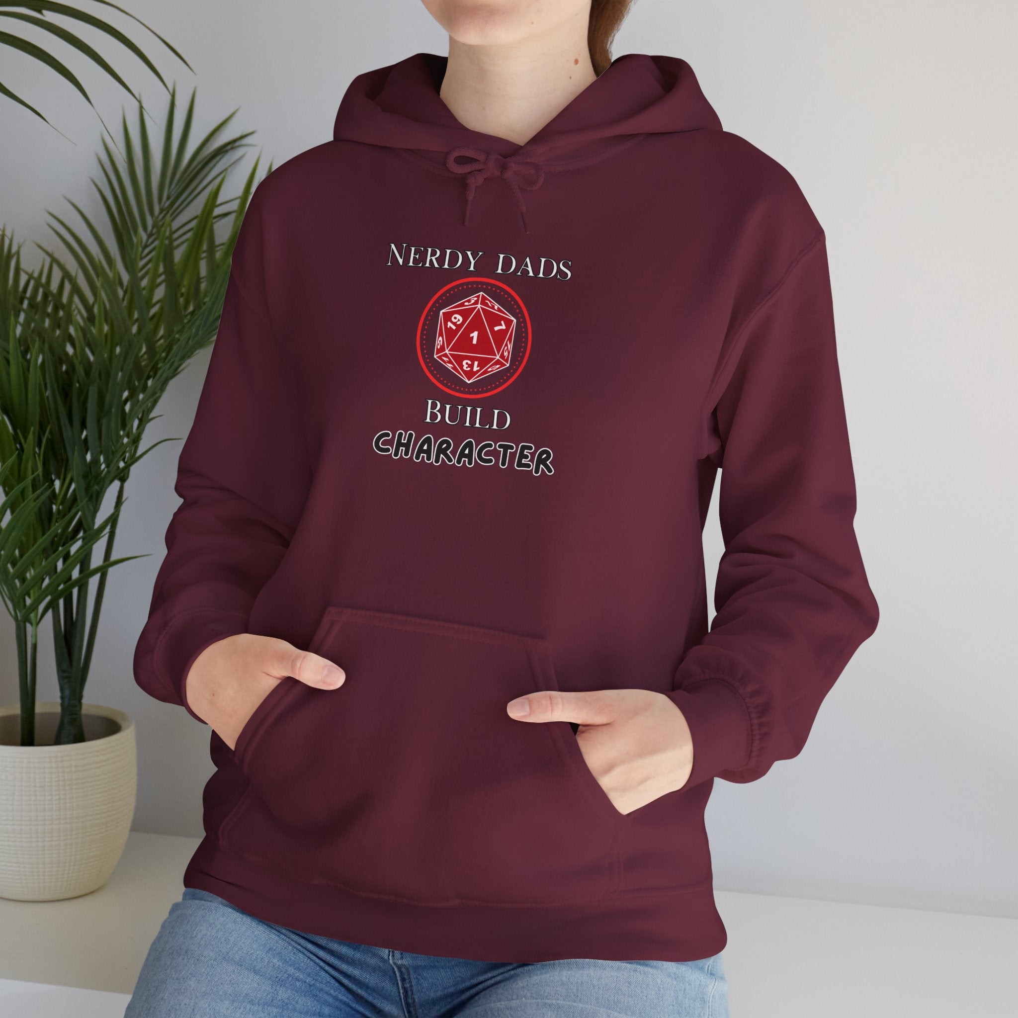 Nerdy Dads Build Character Hoodie — “Build Character” D20 Gaming Fathers Sweatshirt