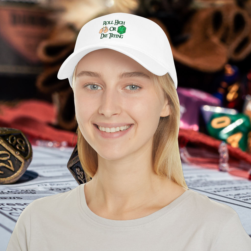 Roll High or Die Trying Baseball Cap — D20 Dice RPG Gamer Hat
