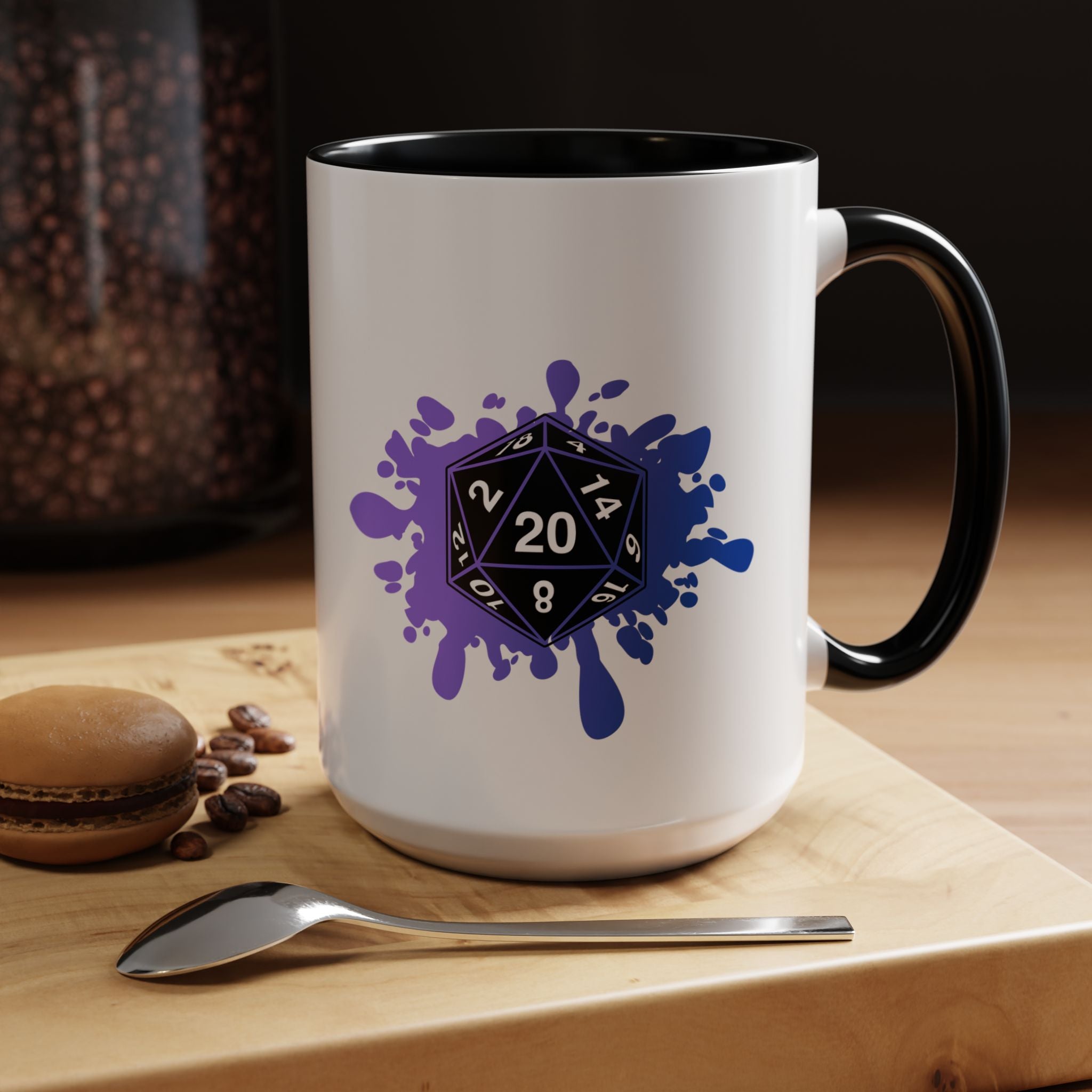 D20 Splash Coffee Mug — Gamer Dice 15oz Accent Mug