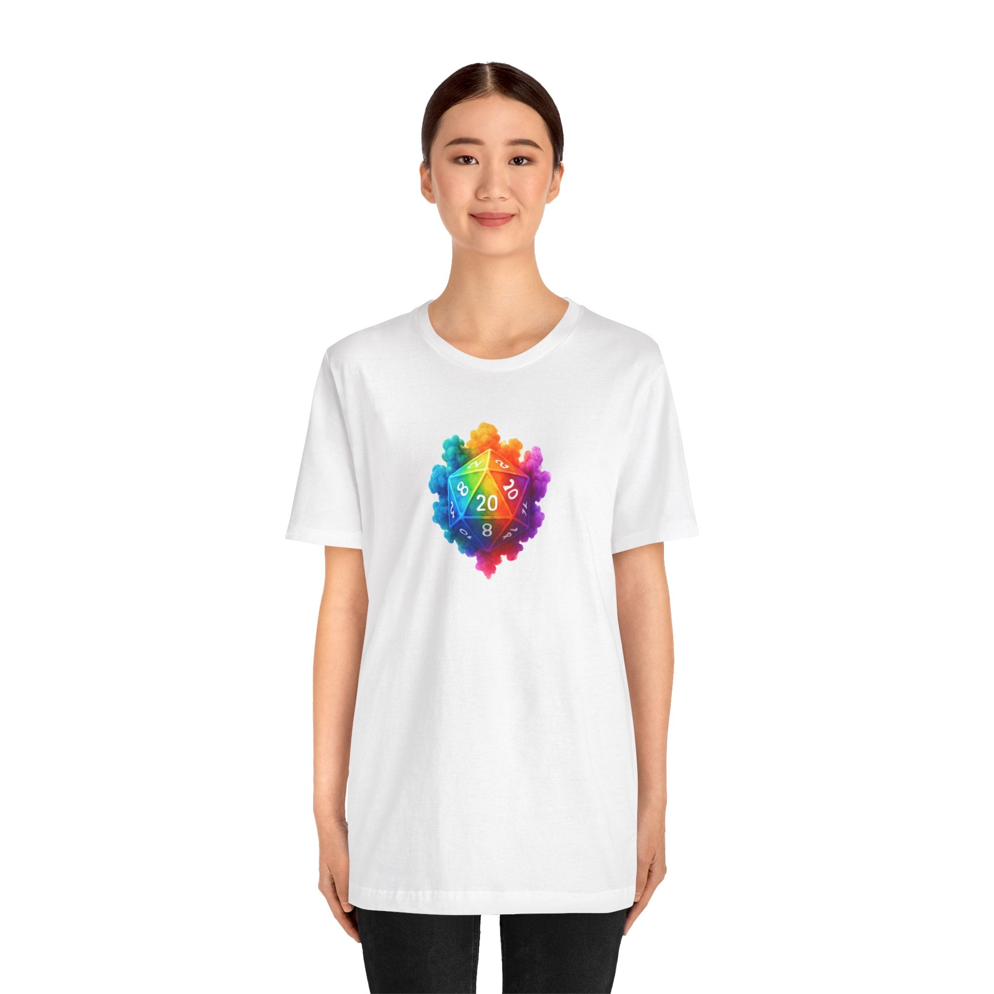 D20 Rainbow Heart T‑Shirt — Colorful Tabletop RPG Dice Tee