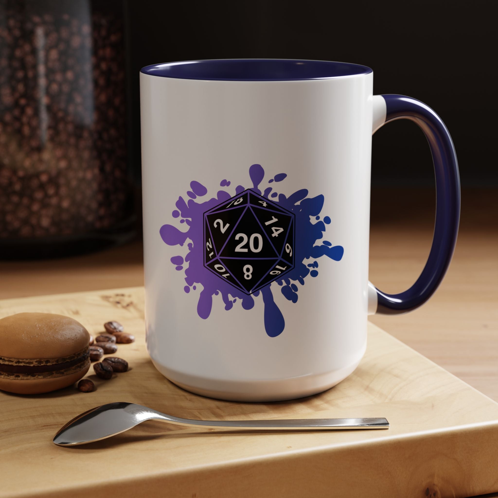 D20 Splash Coffee Mug — Gamer Dice 15oz Accent Mug