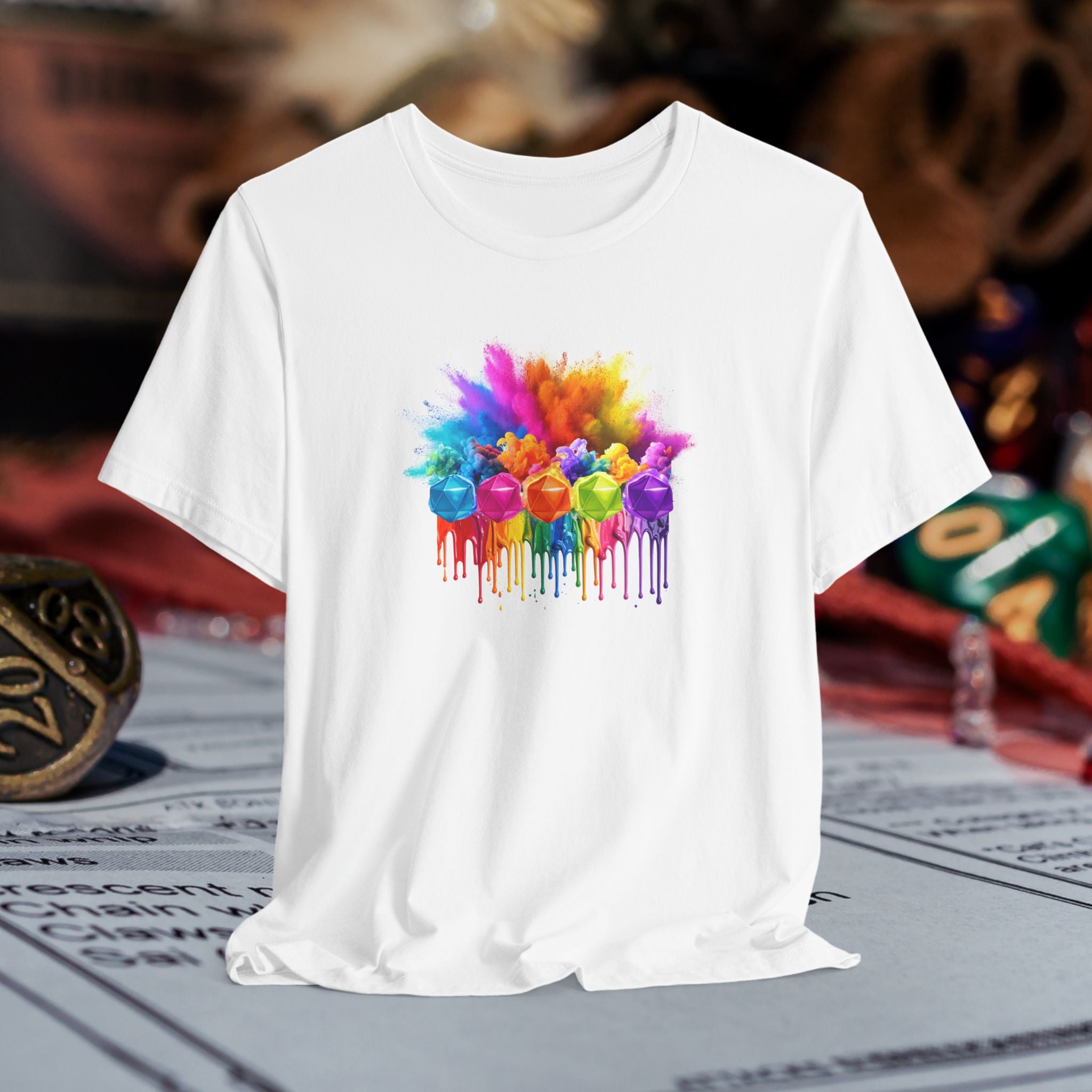 Colorful Dripping D20 T-Shirt – Rainbow D20 Art Tee