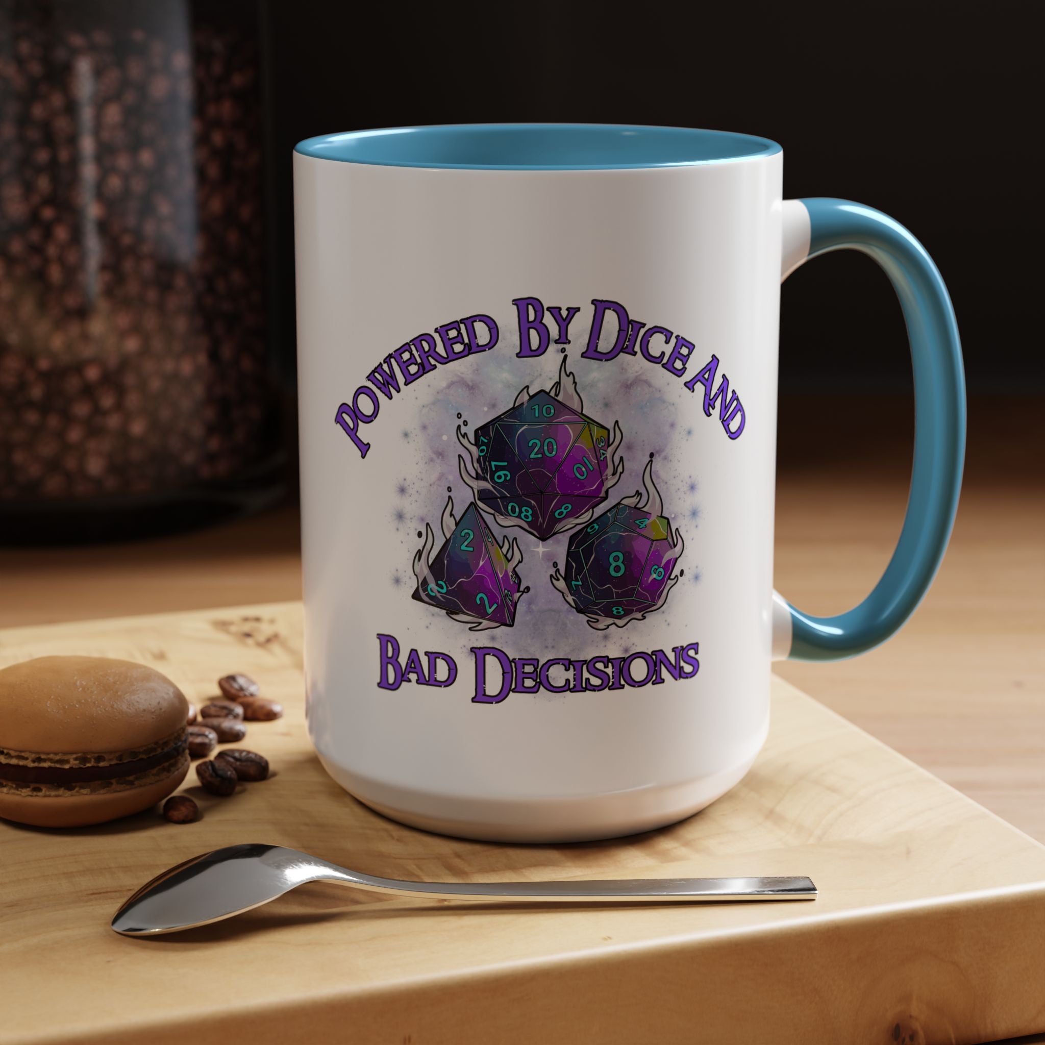 Powered by Dice Coffee Mug — "Powered by Dice and Bad Decisions" RPG Gamer Mug