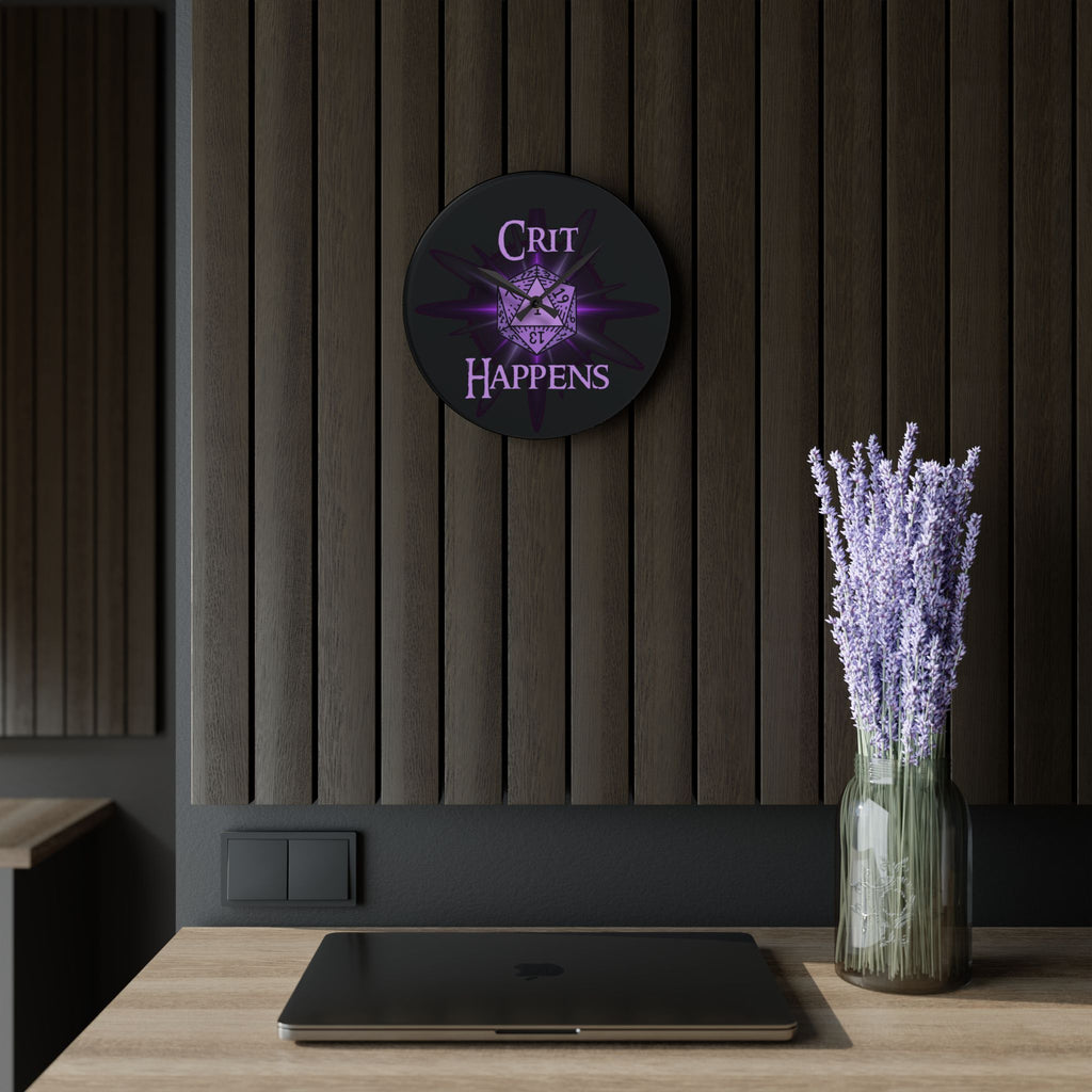 Acrylic Wall Clock — “Crit Happens” D20 Gamer Wall Clock (Purple Fantasy RPG Decor)