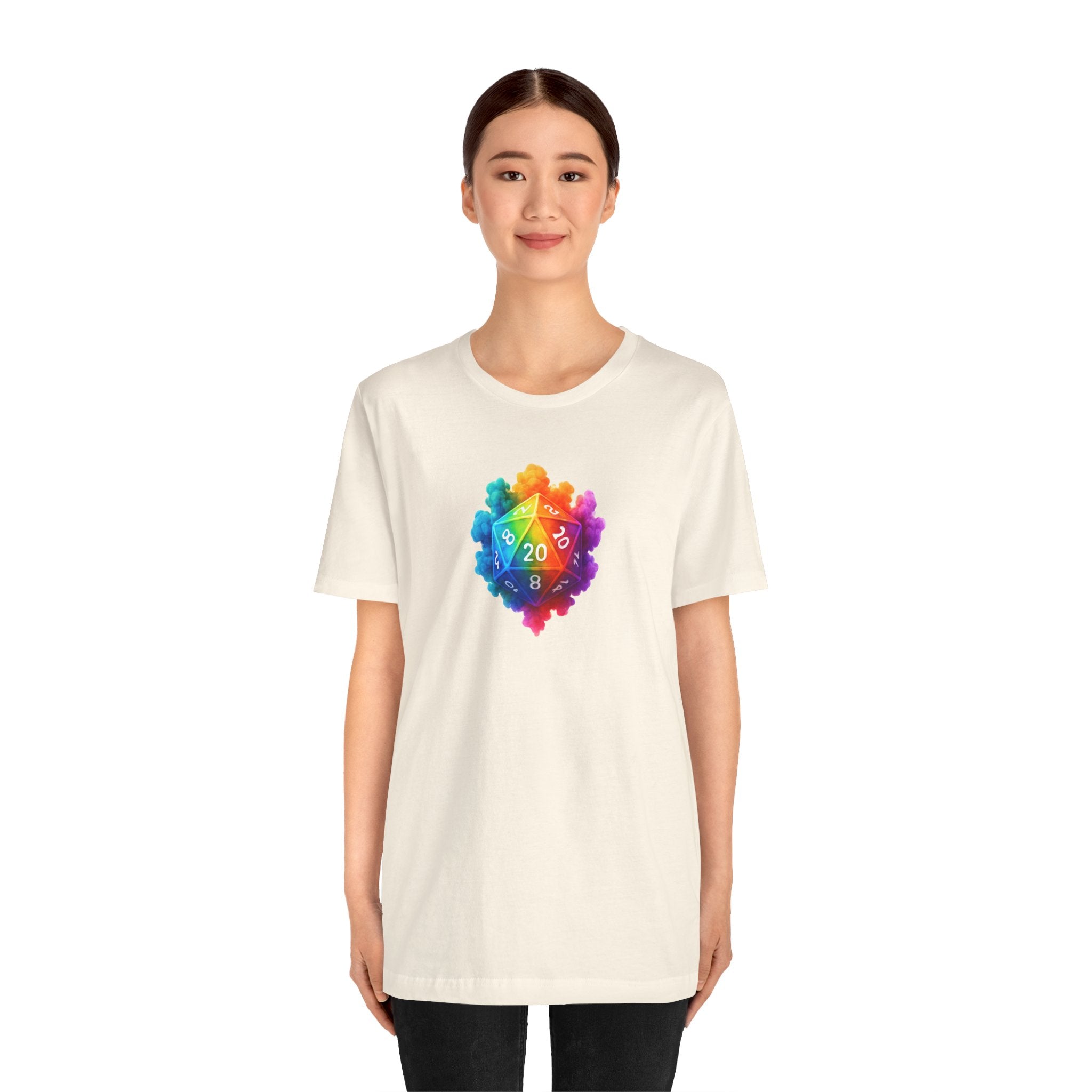 D20 Rainbow Heart T‑Shirt — Colorful Tabletop RPG Dice Tee