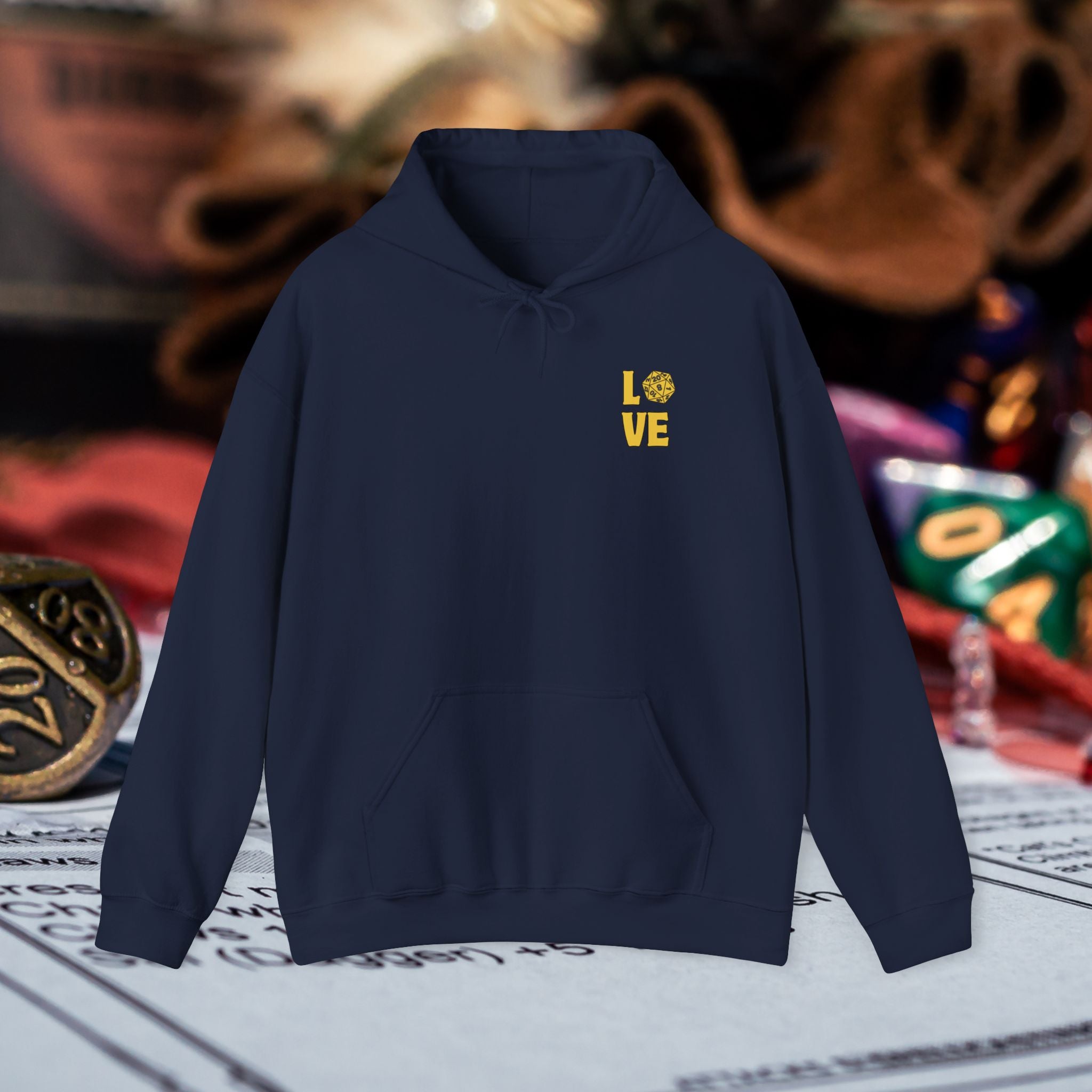 LOVE D20 Hoodie — Gold Glitter Dice Heart Gamer Gaming RPG Hooded Sweatshirt