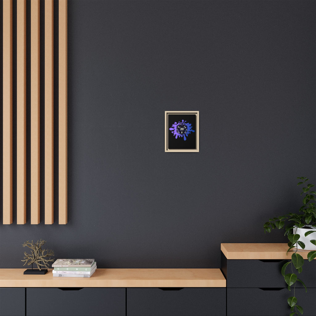 D20 Splash Matte Canvas Framed Wall Art — Purple Blue Tabletop RPG Decor