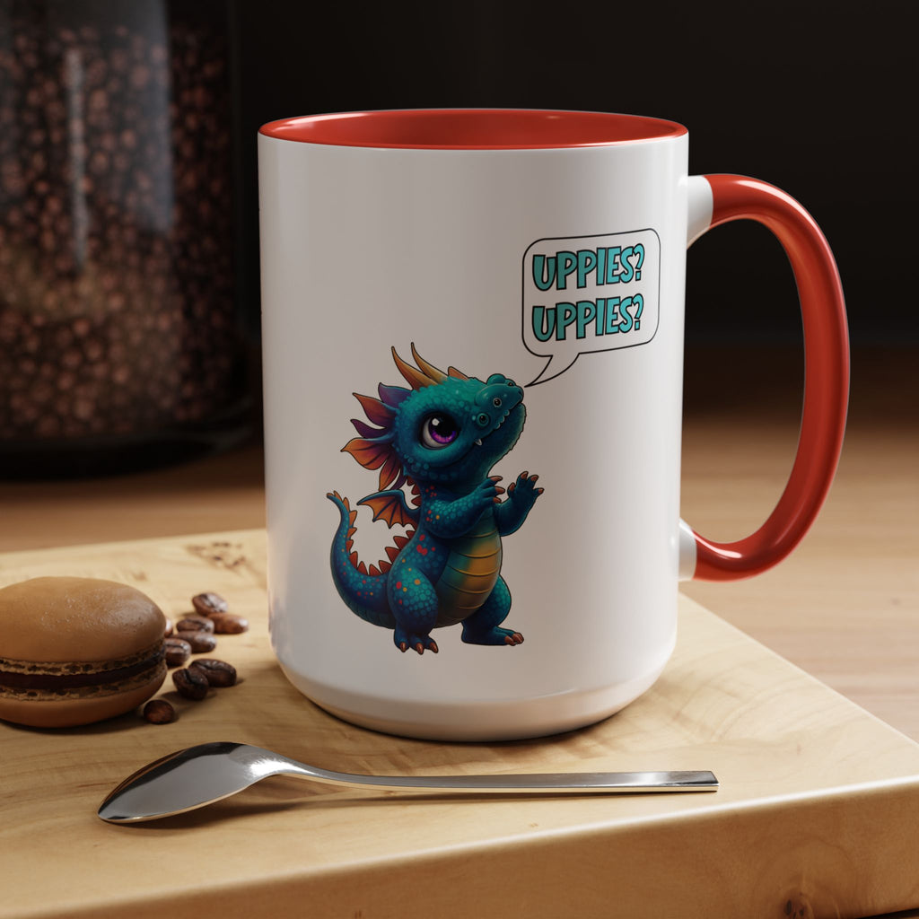 Dragon Coffee Mug - Cute Blue Dragon Saying 'Uppies? Uppies?' - Fantasy D20 Gamer Gift (15oz)