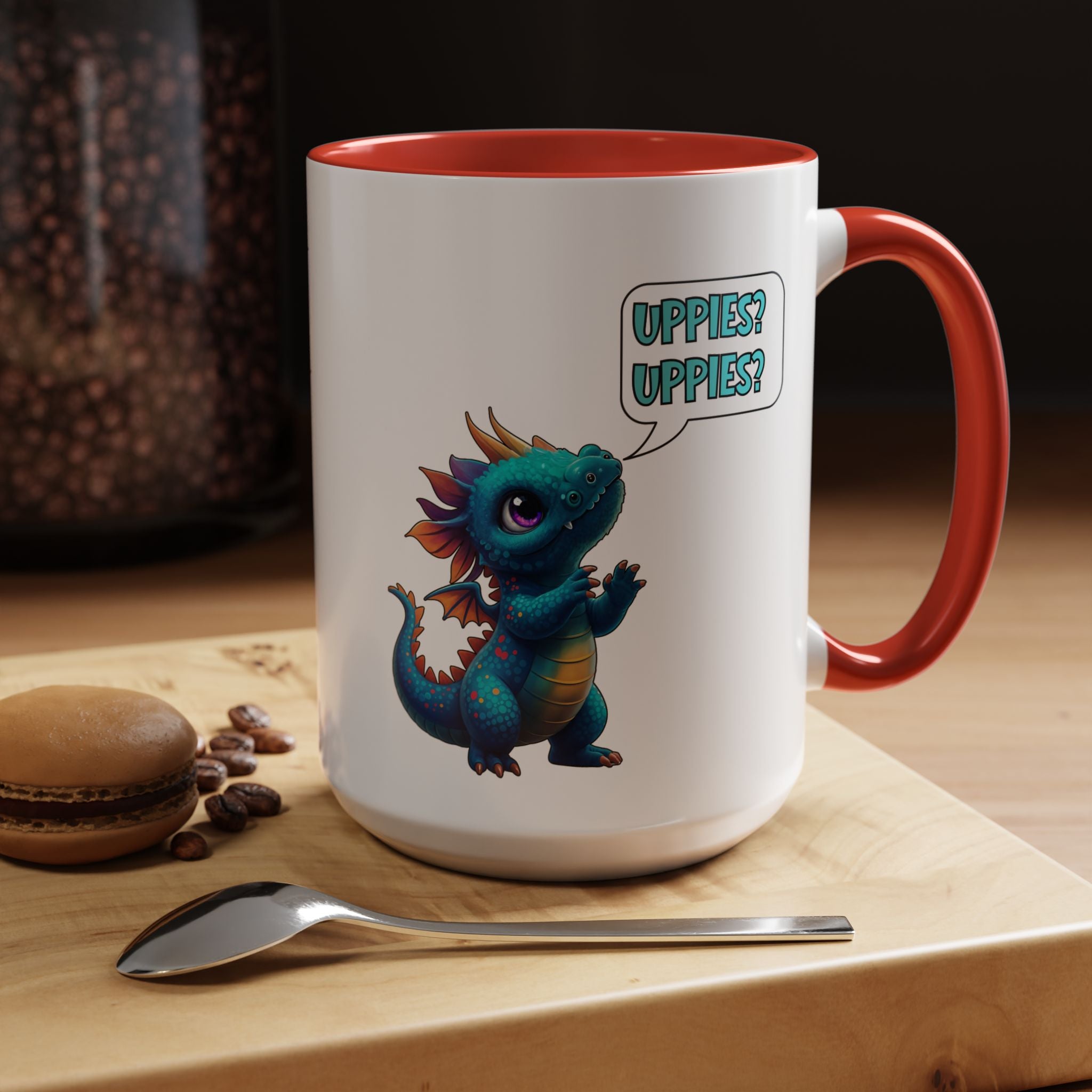 Dragon Coffee Mug - Cute Blue Dragon Saying 'Uppies? Uppies?' - Fantasy D20 Gamer Gift (15oz)