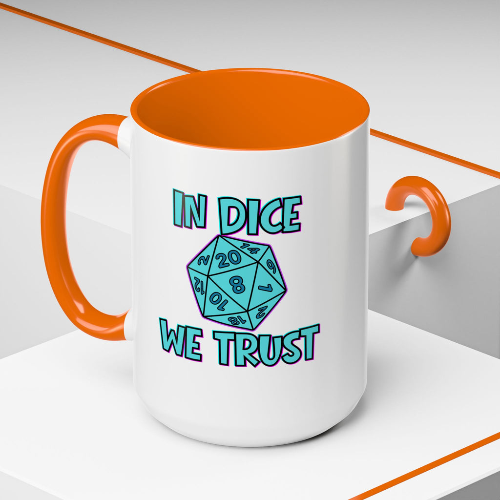 D20 Coffee Mug — "In Dice We Trust" Gamer RPG Dice Mug (15oz Accent)