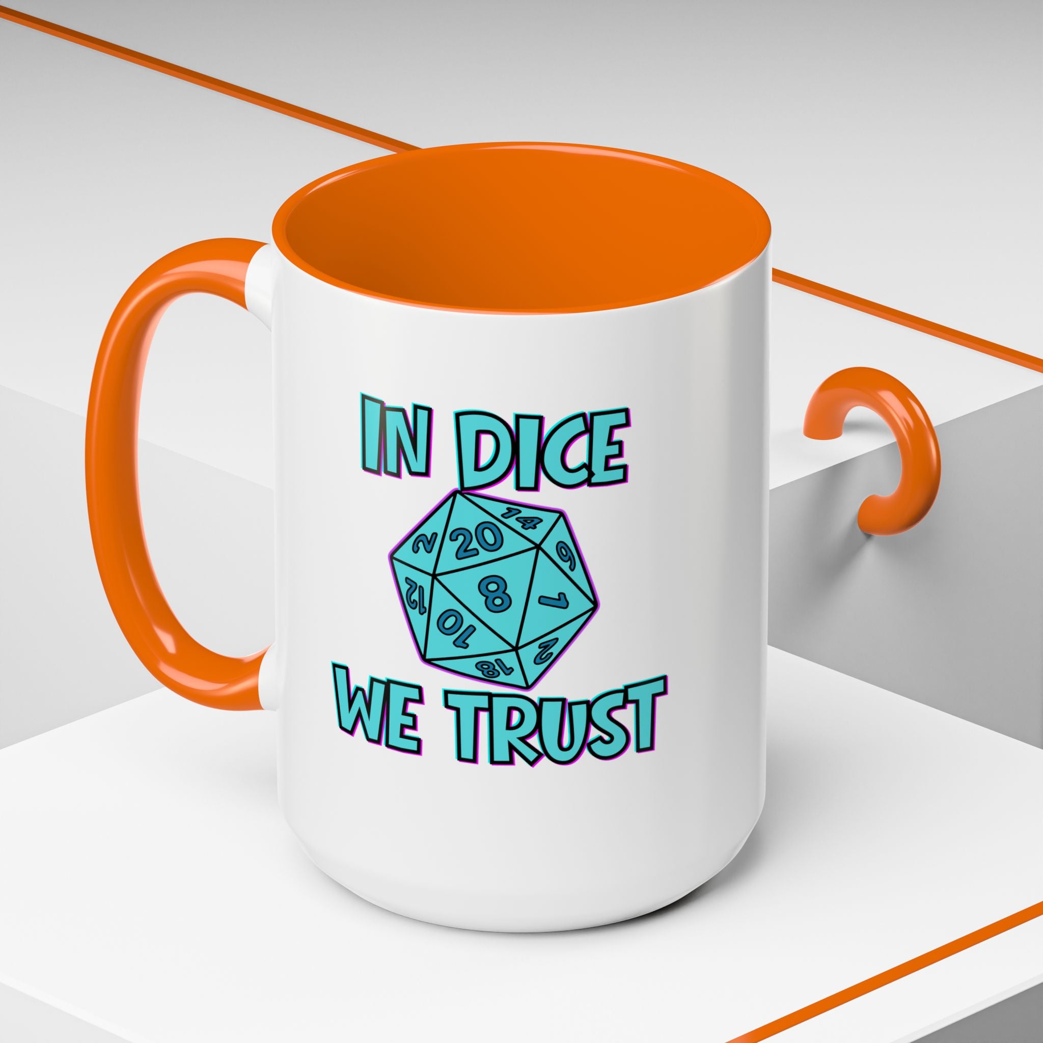 D20 Coffee Mug — "In Dice We Trust" Gamer RPG Dice Mug (15oz Accent)