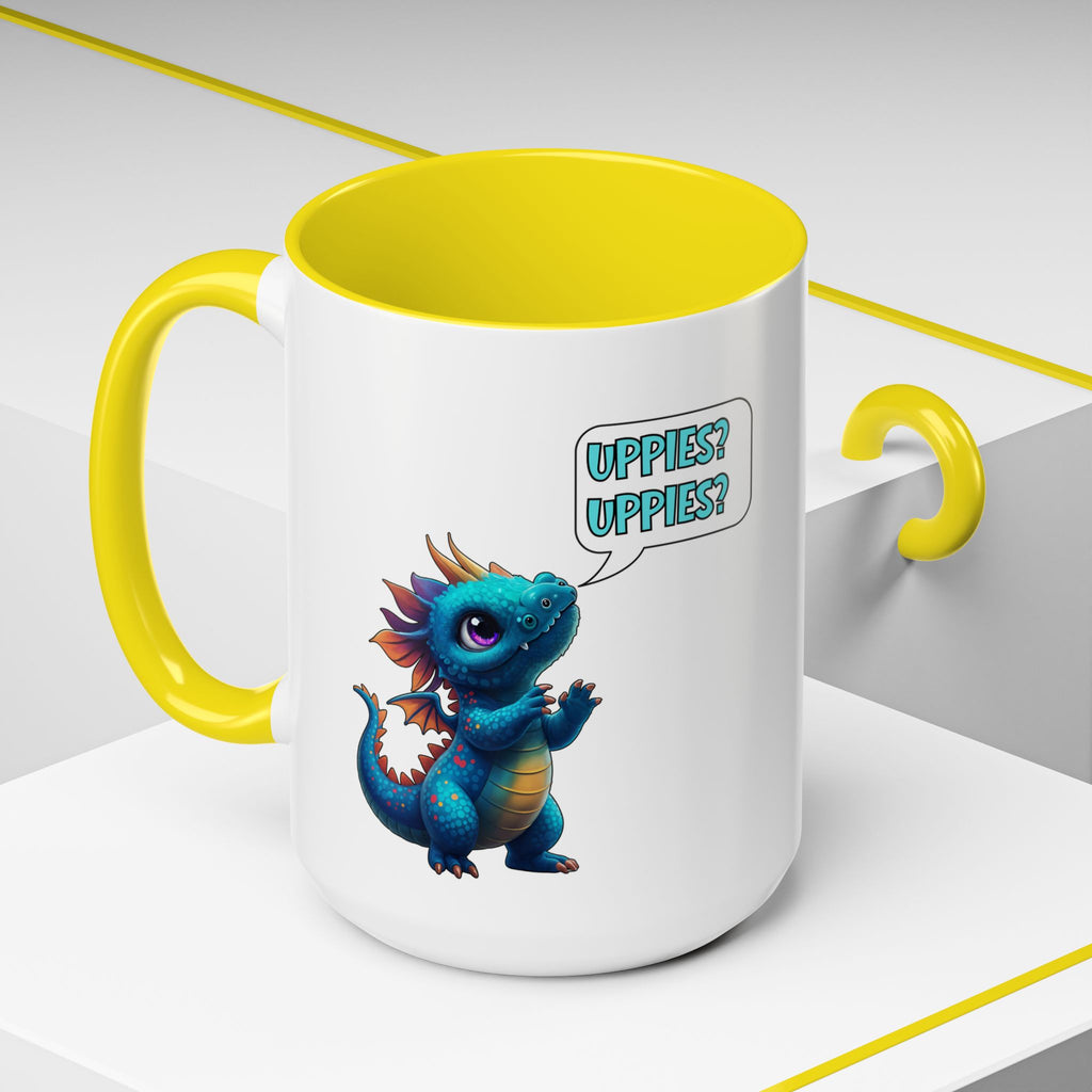 Dragon Coffee Mug - Cute Blue Dragon Saying 'Uppies? Uppies?' - Fantasy D20 Gamer Gift (15oz)