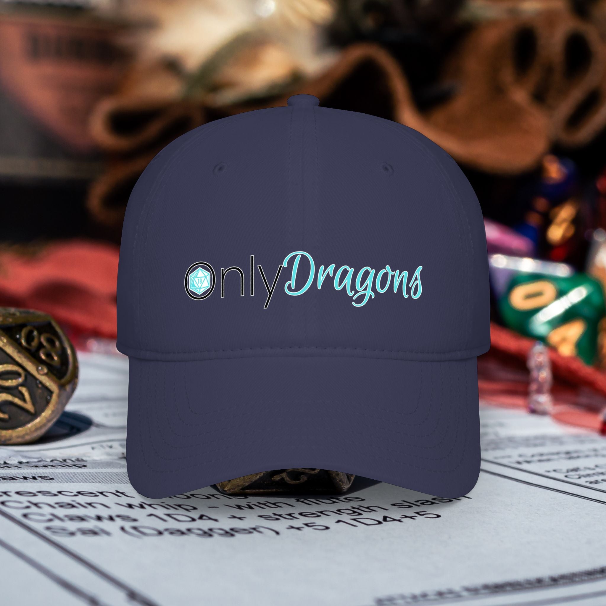 Only Dragons Low Profile Baseball Cap — D&D Dice Logo Hat for Tabletop Gamers