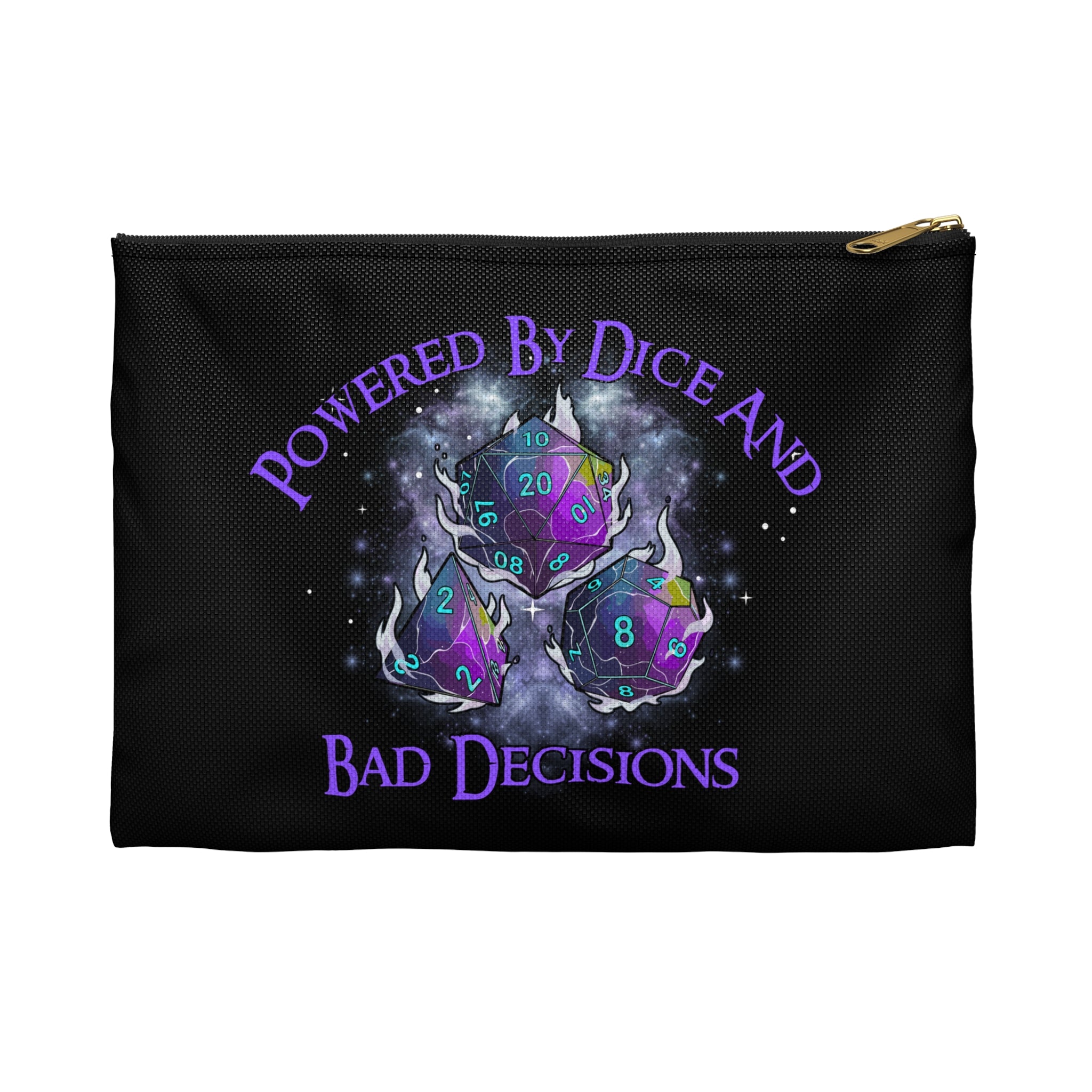 Accessory/Dice Pouch — "Powered by Dice and Bad Decisions" RPG Dice Travel Bag