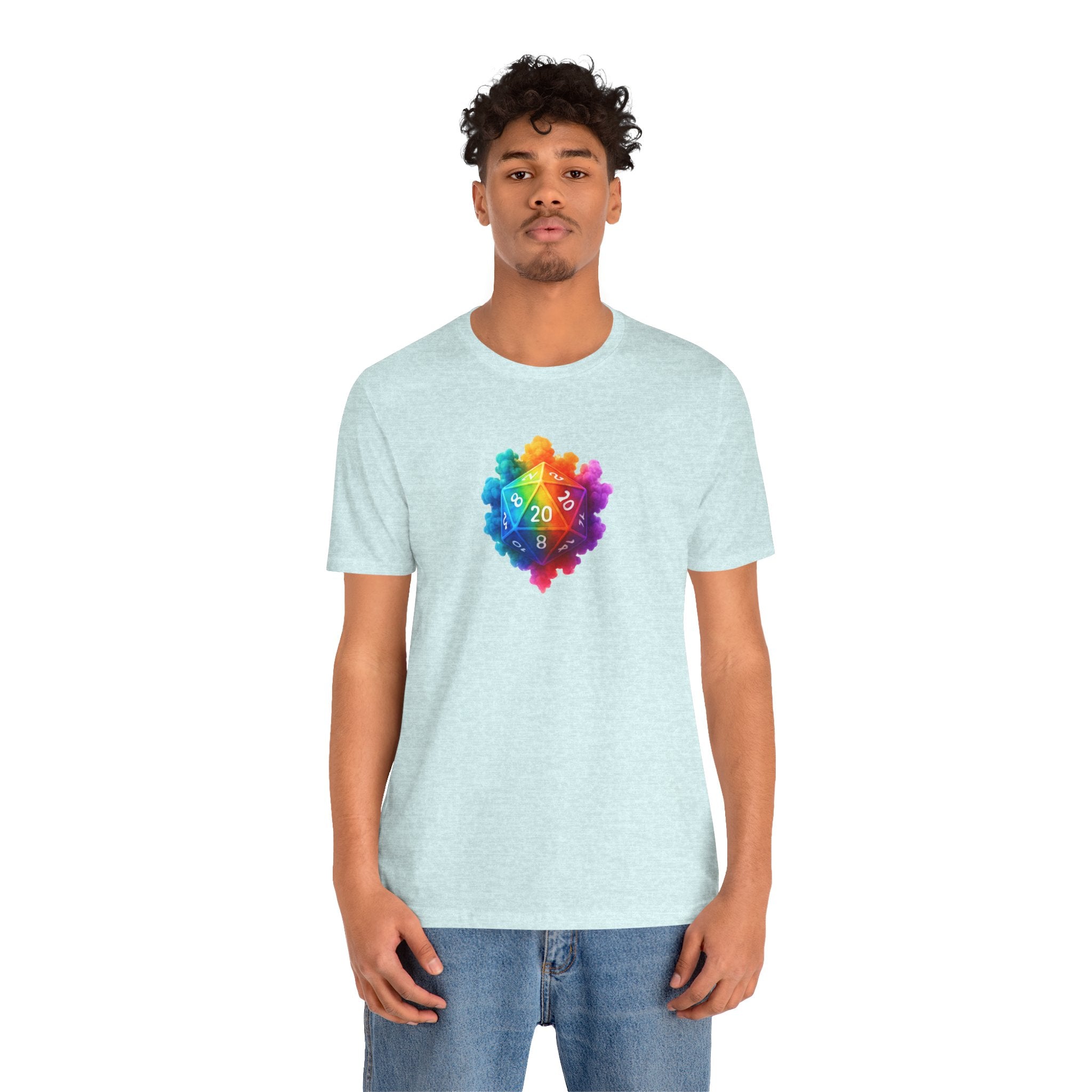 D20 Rainbow Heart T‑Shirt — Colorful Tabletop RPG Dice Tee