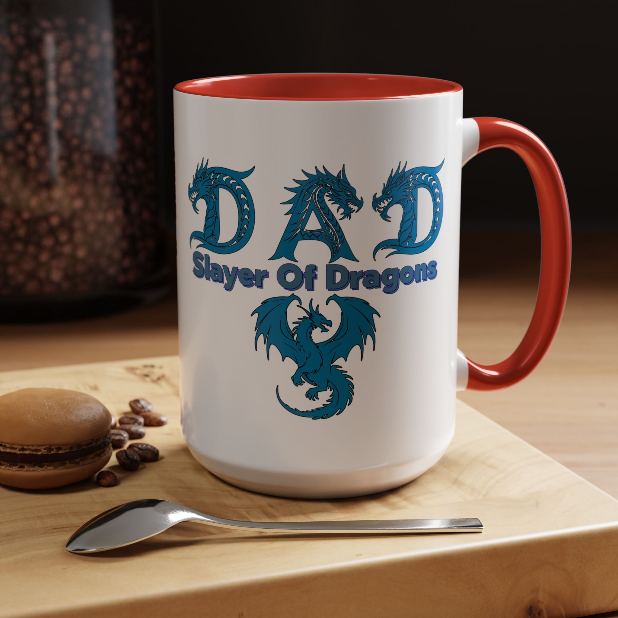 Dad Slayer of Dragons Accent Coffee Mug — Fantasy Dungeons & Dragons Gift
