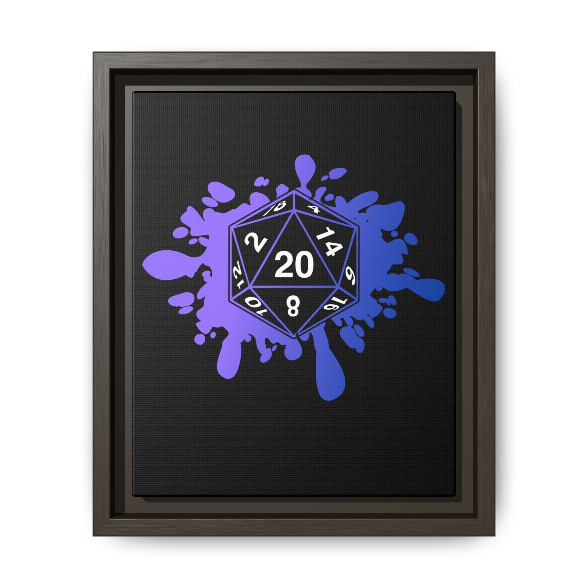 D20 Splash Matte Canvas Framed Wall Art — Purple Blue Tabletop RPG Decor