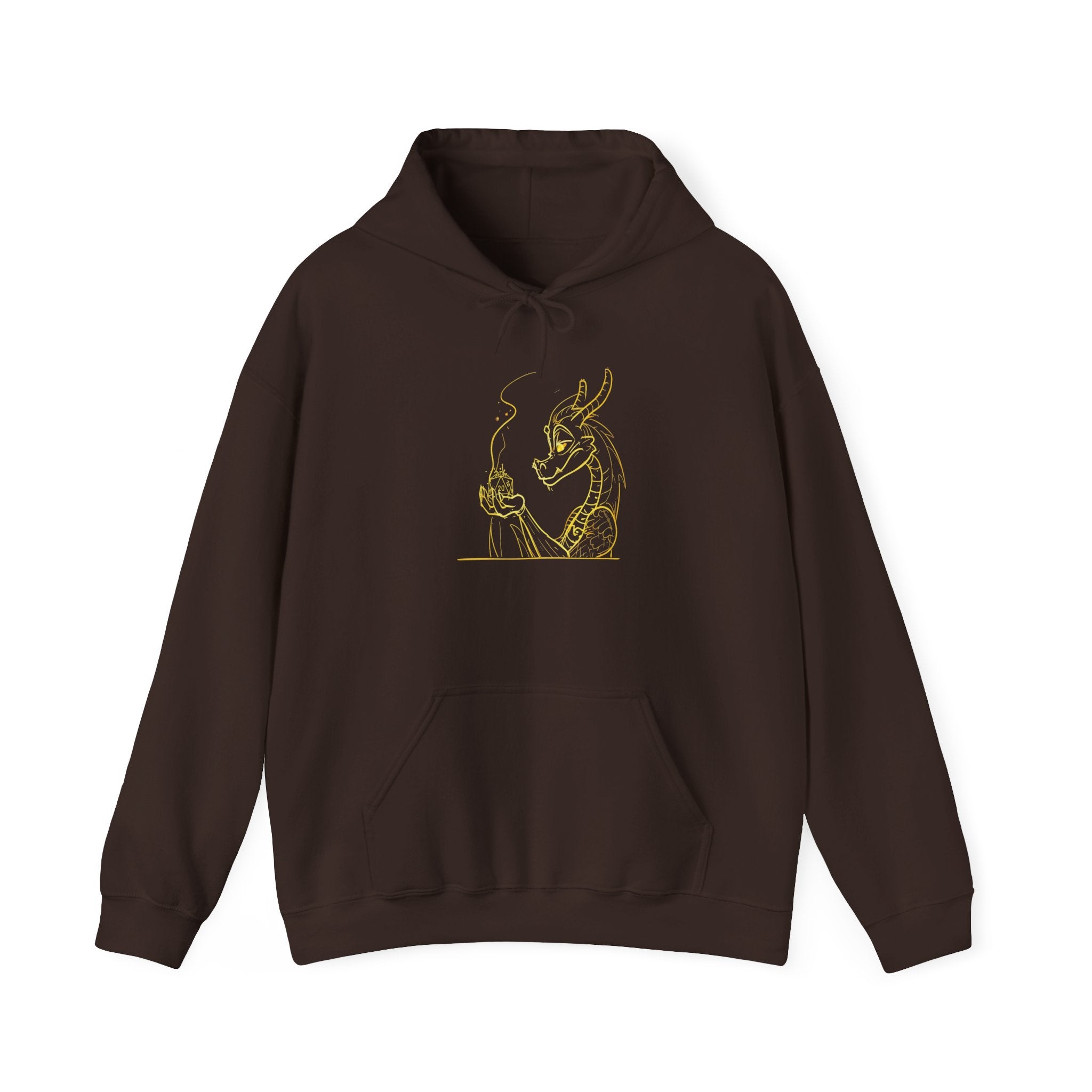 Dragon Holding D20 Hoodie — Gold Line Art Graphic Sweatshirt