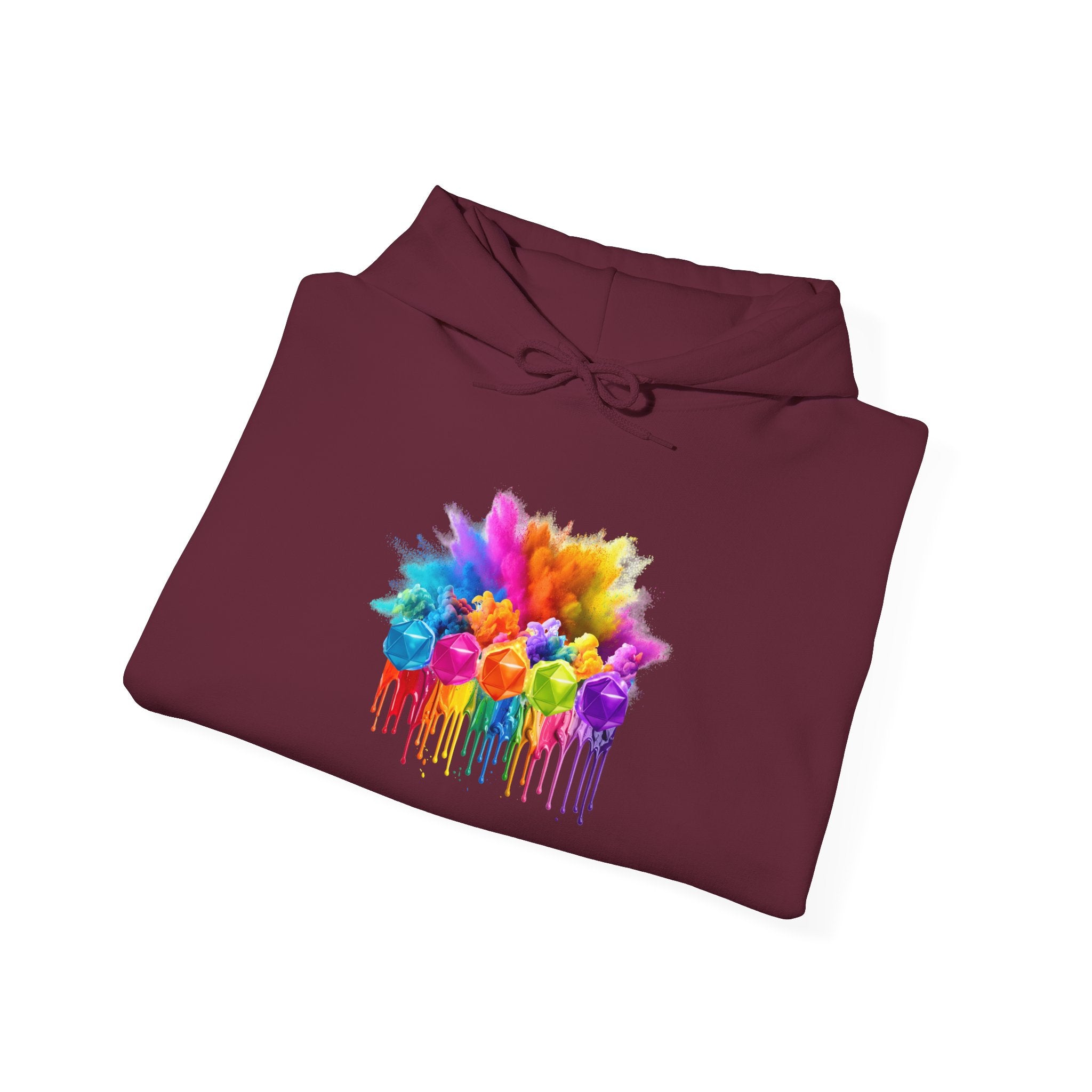 Colorful Drip D20 Hoodie – Vibrant Rainbow Dice Sweatshirt