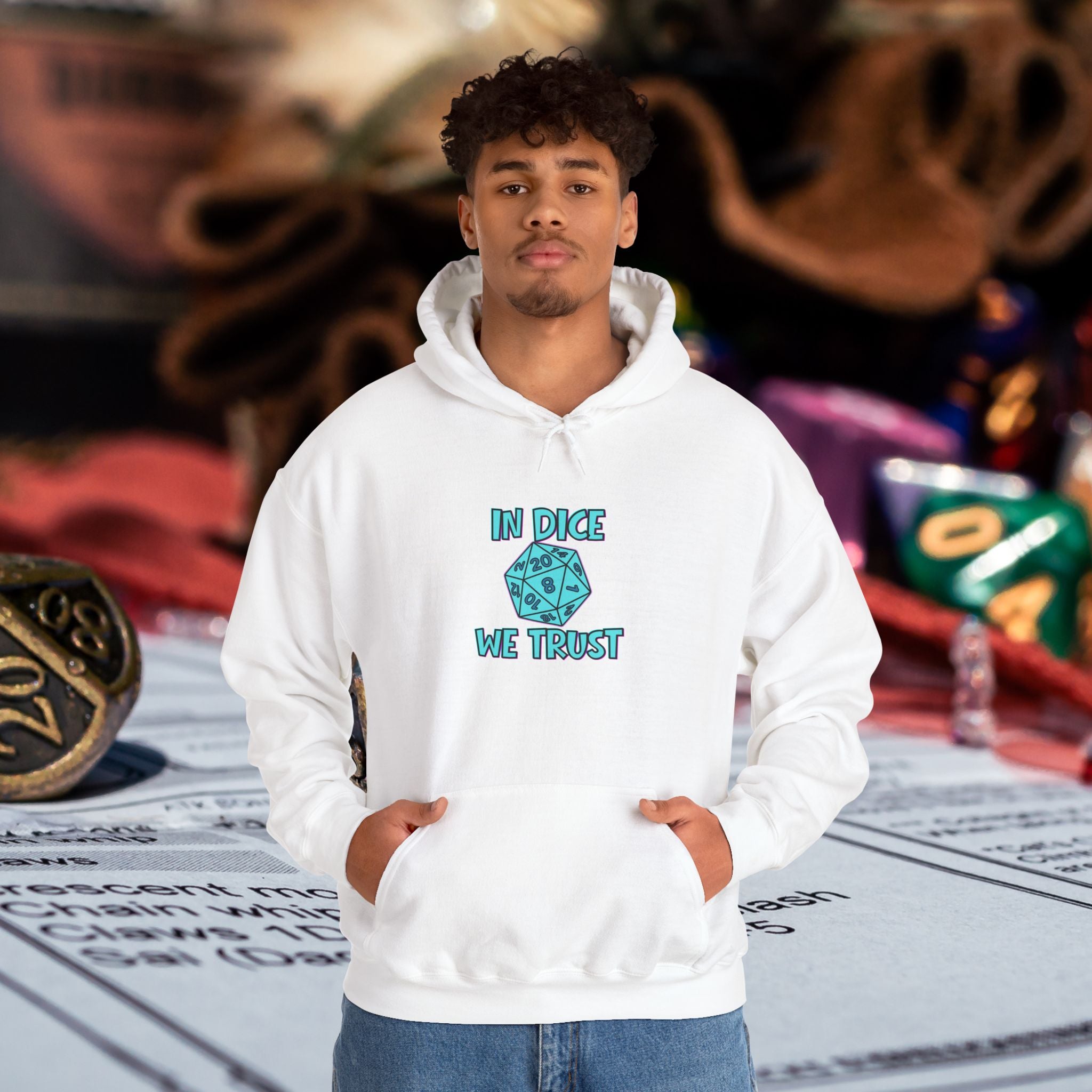D20 Hoodie — "In Dice We Trust" RPG Gamer Hooded Sweatshirt