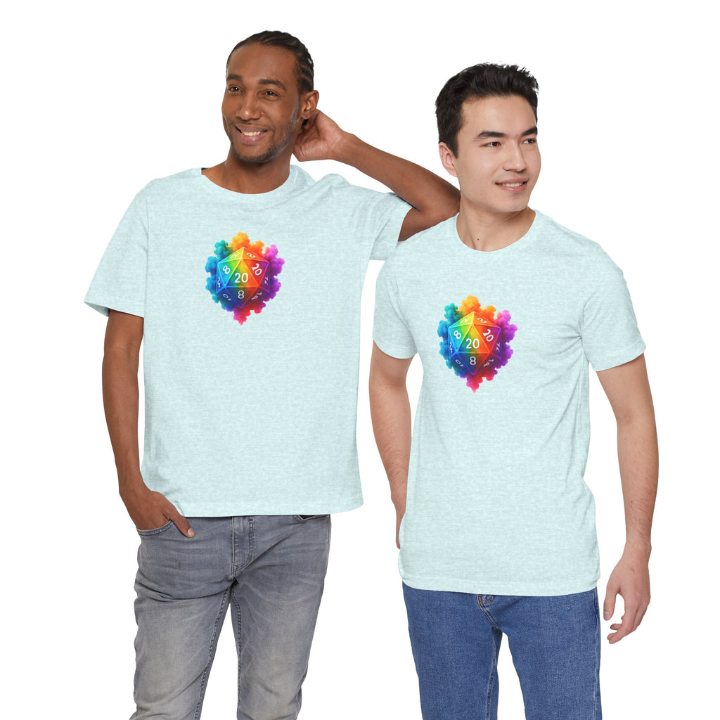 D20 Rainbow Heart T‑Shirt — Colorful Tabletop RPG Dice Tee