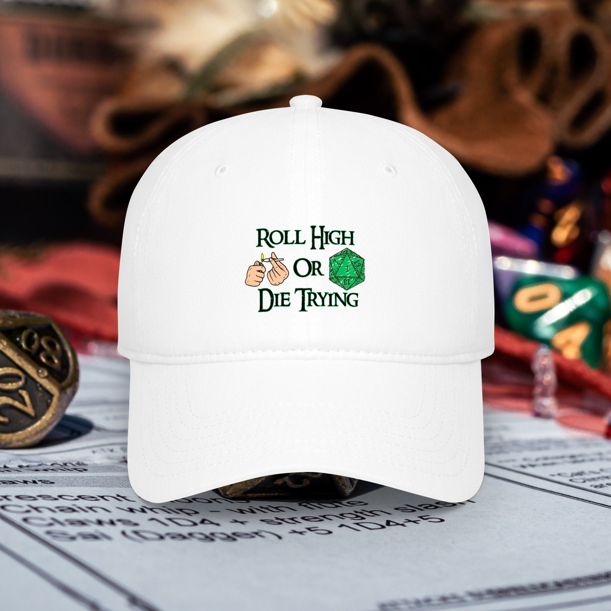 Roll High or Die Trying Baseball Cap — D20 Dice RPG Gamer Hat