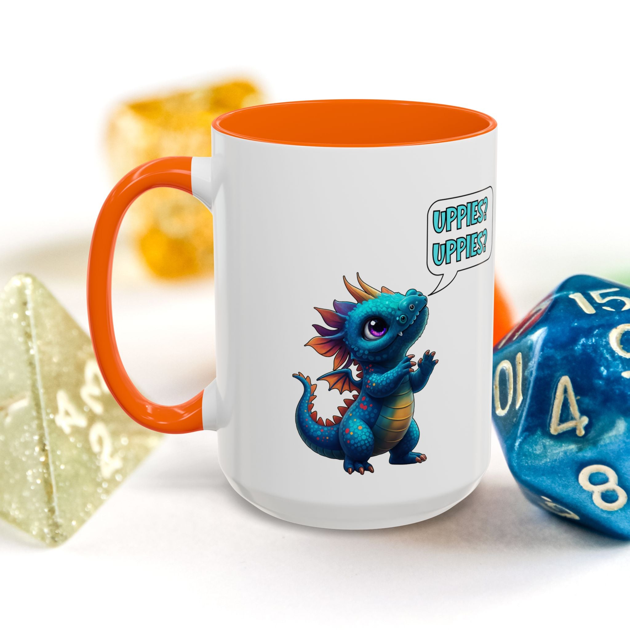 Dragon Coffee Mug - Cute Blue Dragon Saying 'Uppies? Uppies?' - Fantasy D20 Gamer Gift (15oz)