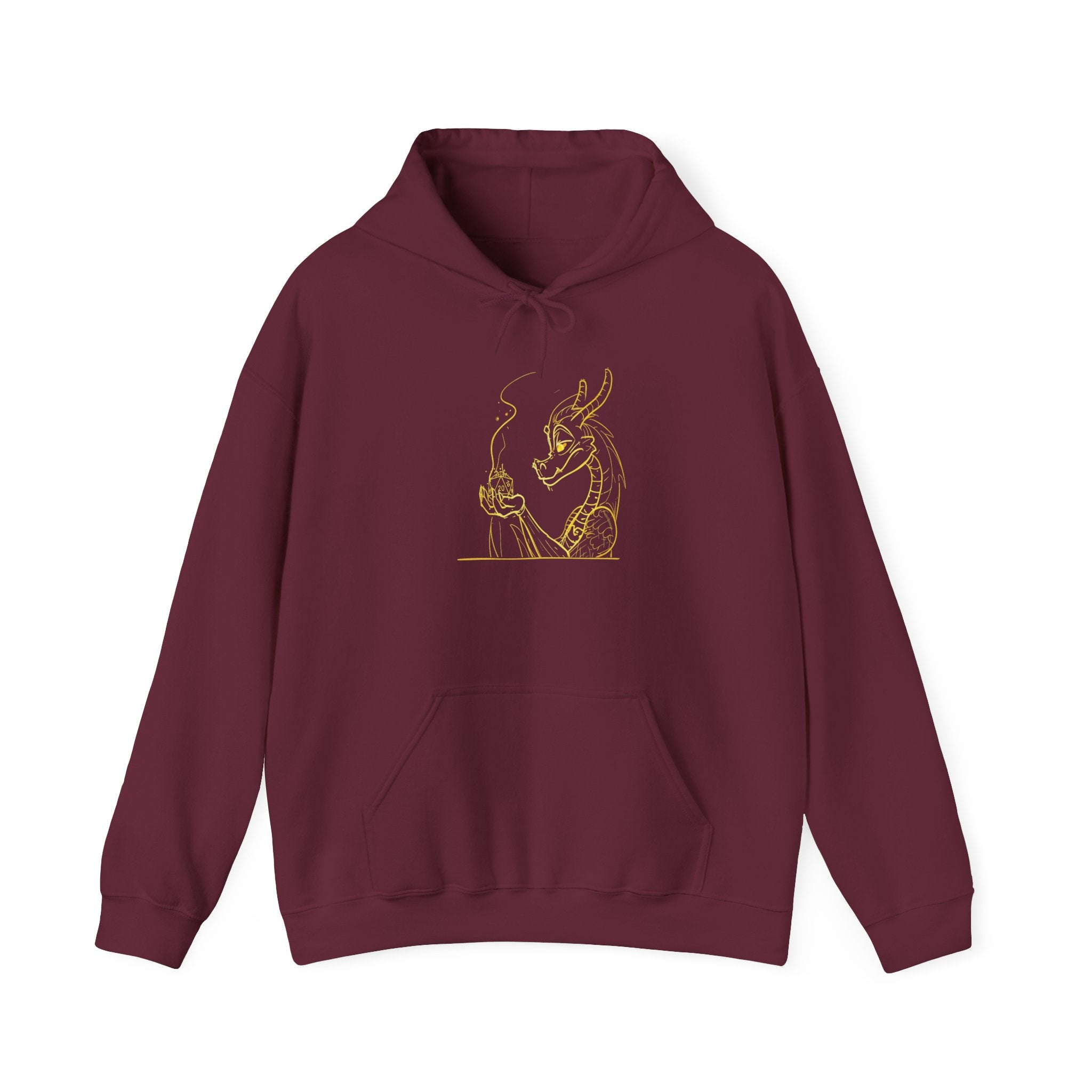 Dragon Holding D20 Hoodie — Gold Line Art Graphic Sweatshirt
