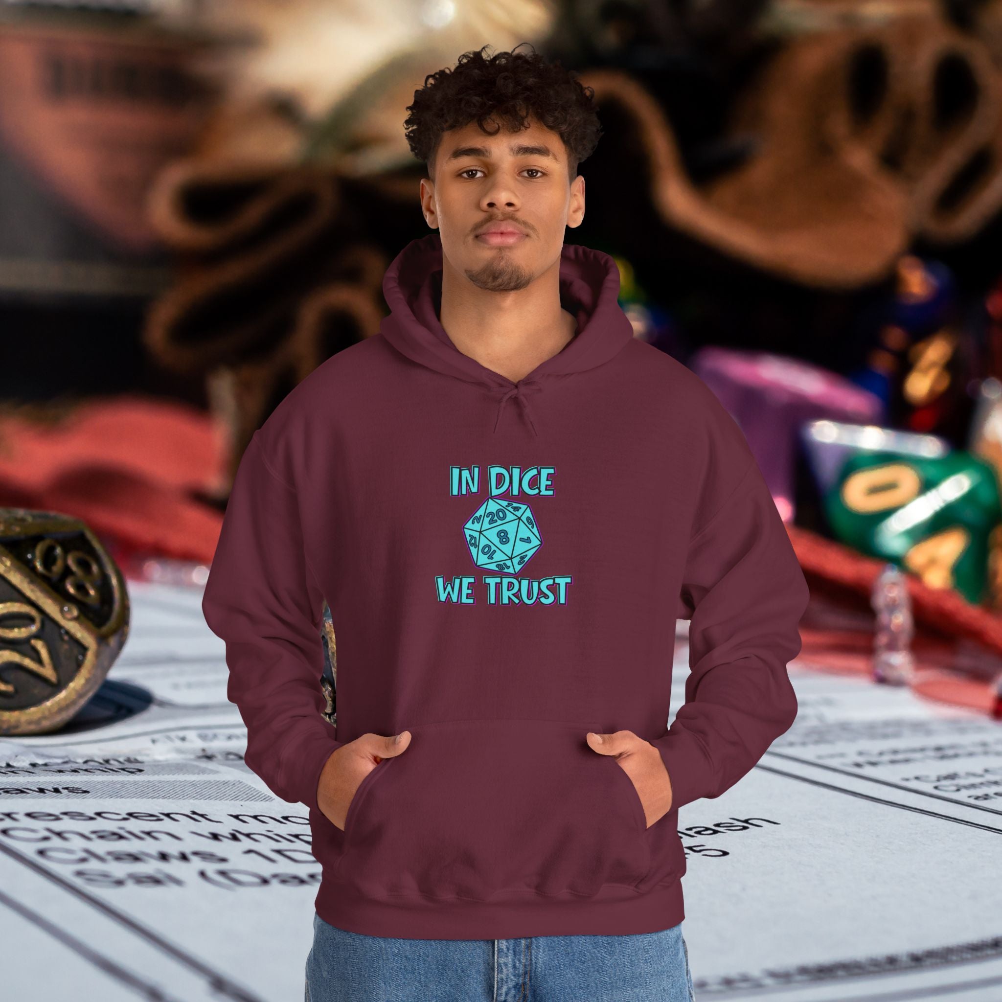 D20 Hoodie — "In Dice We Trust" RPG Gamer Hooded Sweatshirt