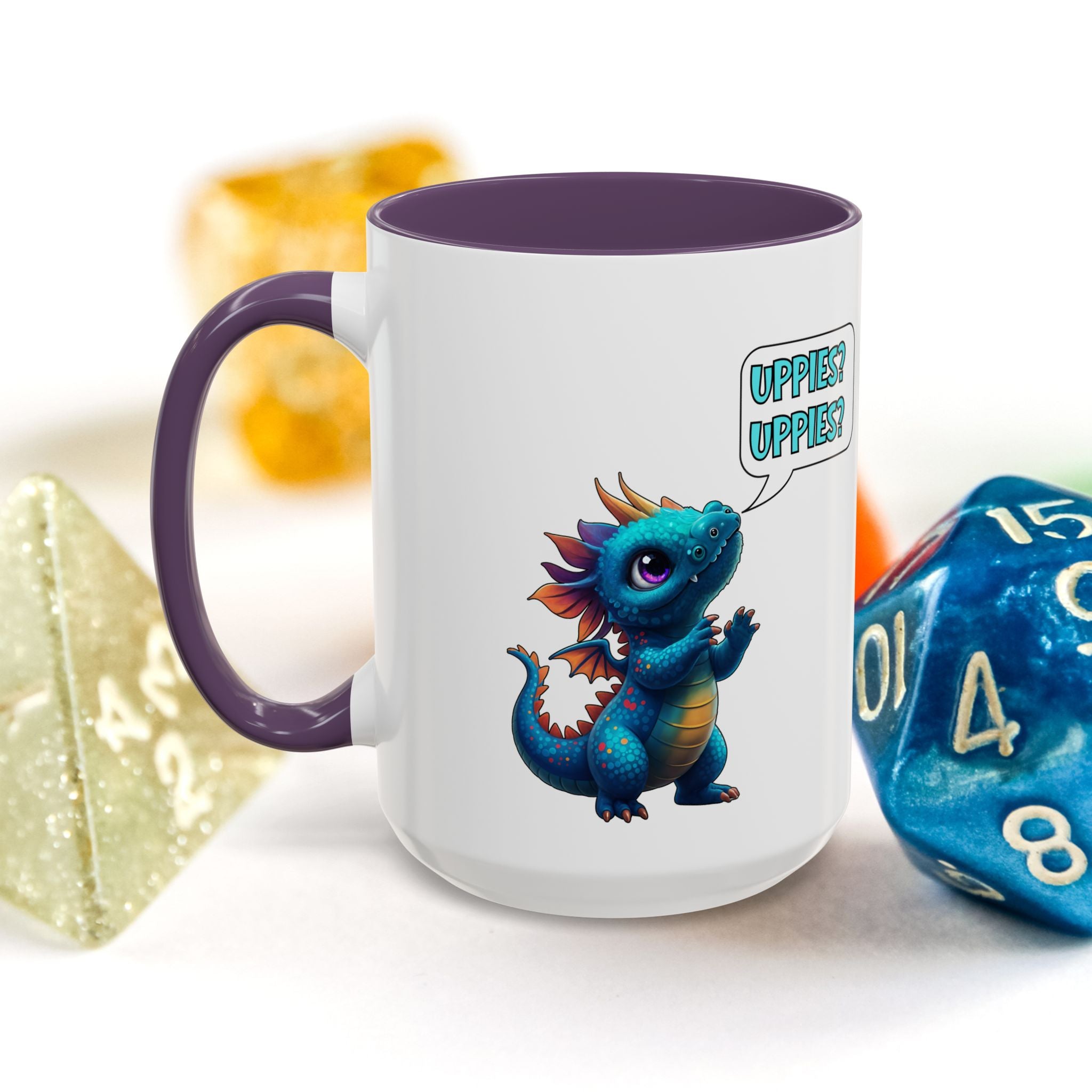 Dragon Coffee Mug - Cute Blue Dragon Saying 'Uppies? Uppies?' - Fantasy D20 Gamer Gift (15oz)
