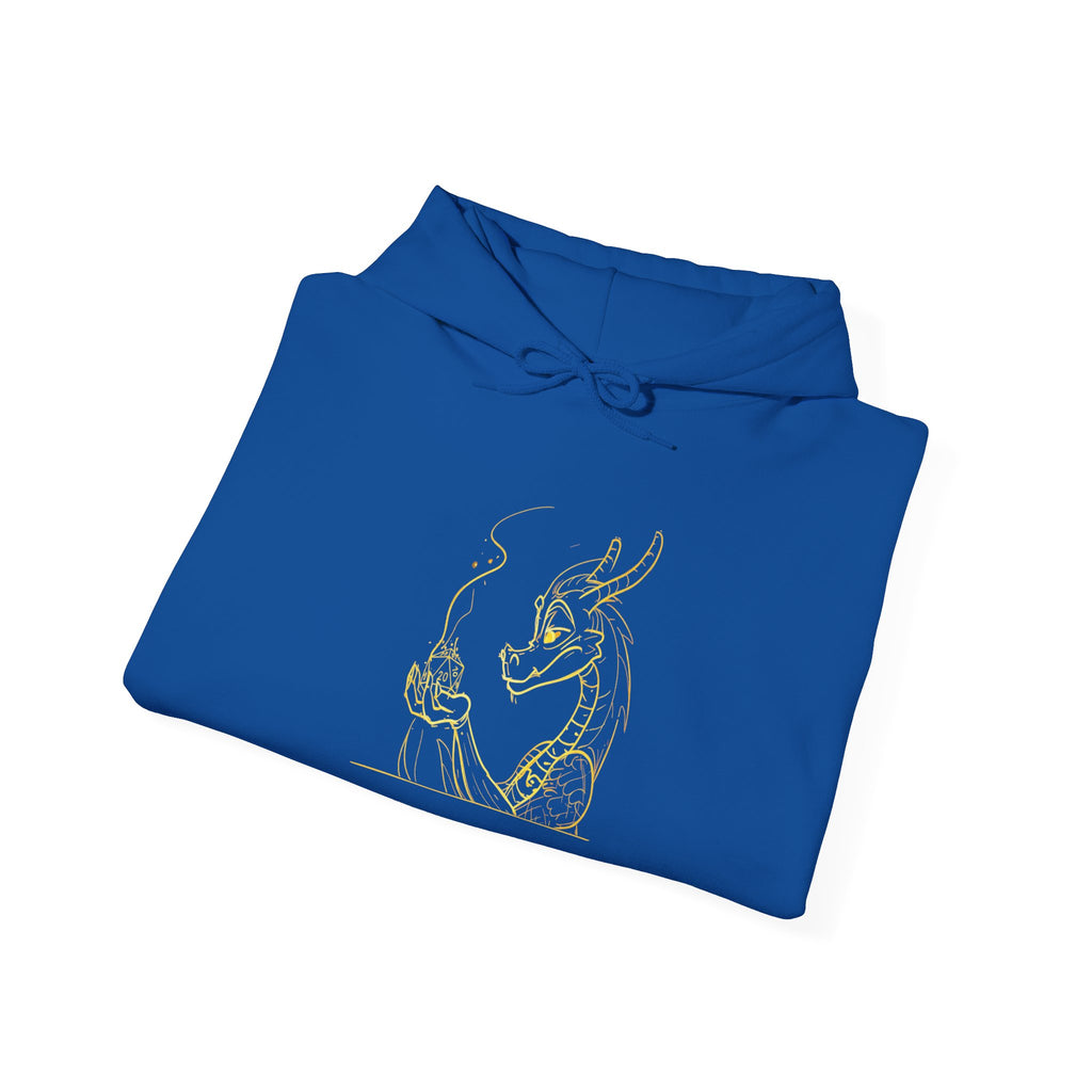 Dragon Holding D20 Hoodie — Gold Line Art Graphic Sweatshirt