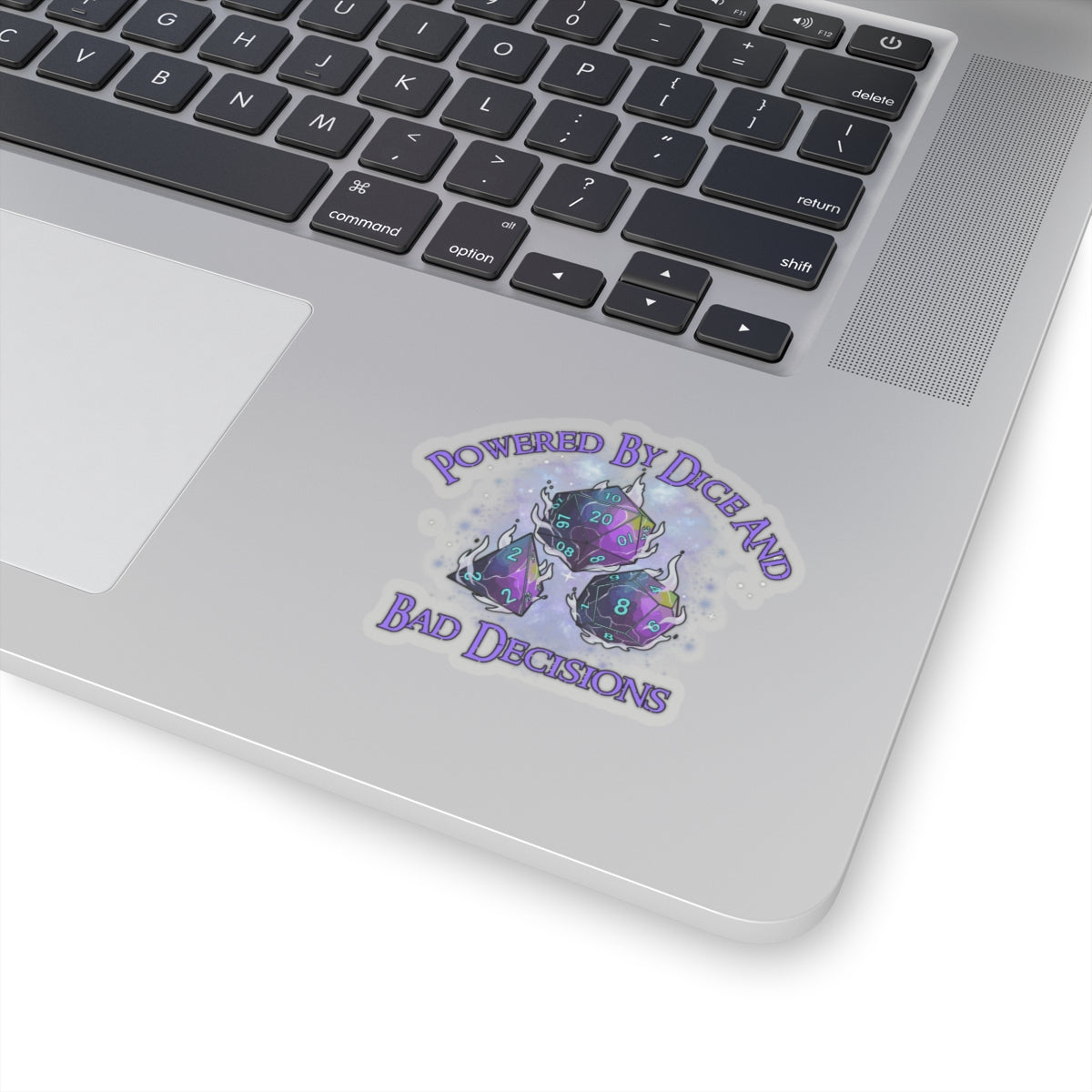 Kiss-Cut Sticker — “Powered by Dice and Bad Decisions” RPG Dice Humor Sticker