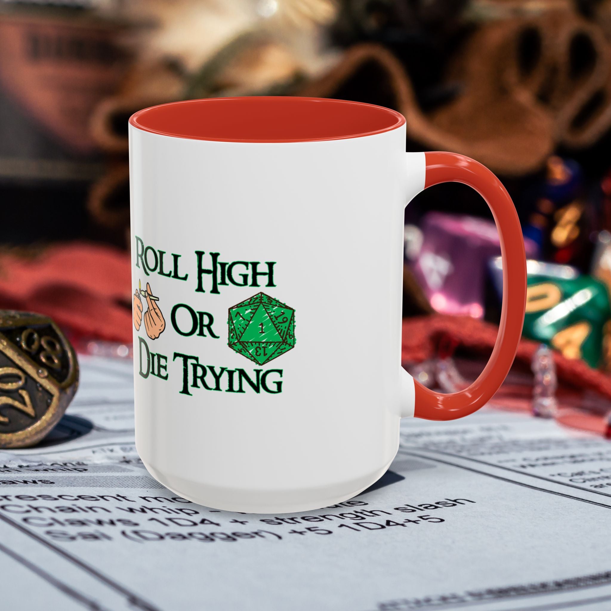 Coffee Mug — "Roll High or Die Trying" D20 Dice Gamer Mug (15oz)