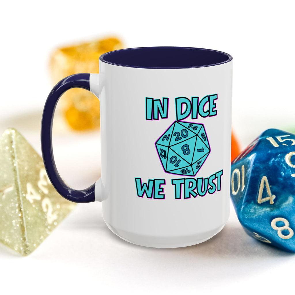 D20 Coffee Mug — "In Dice We Trust" Gamer RPG Dice Mug (15oz Accent)