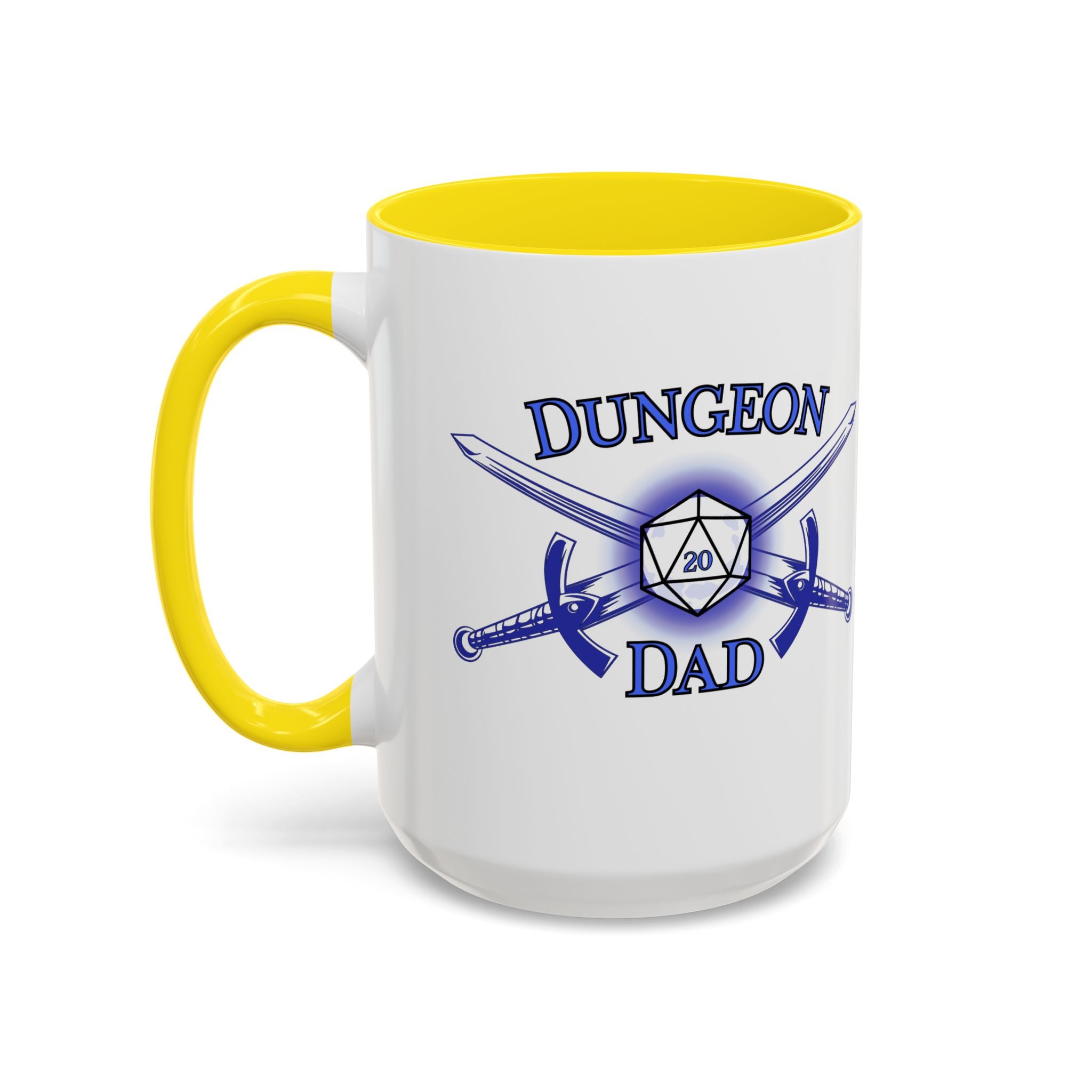 Dungeon Dad Coffee Mug — D20 Dice & Swords Gamer Gift 15oz Accent Mug
