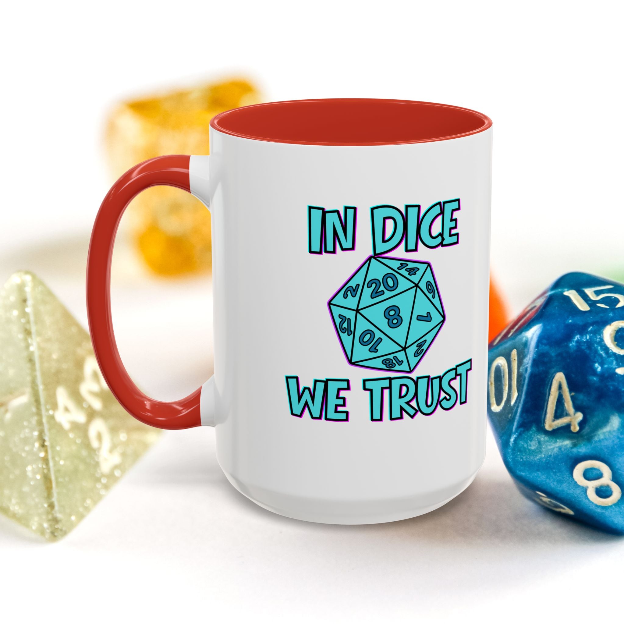 D20 Coffee Mug — "In Dice We Trust" Gamer RPG Dice Mug (15oz Accent)