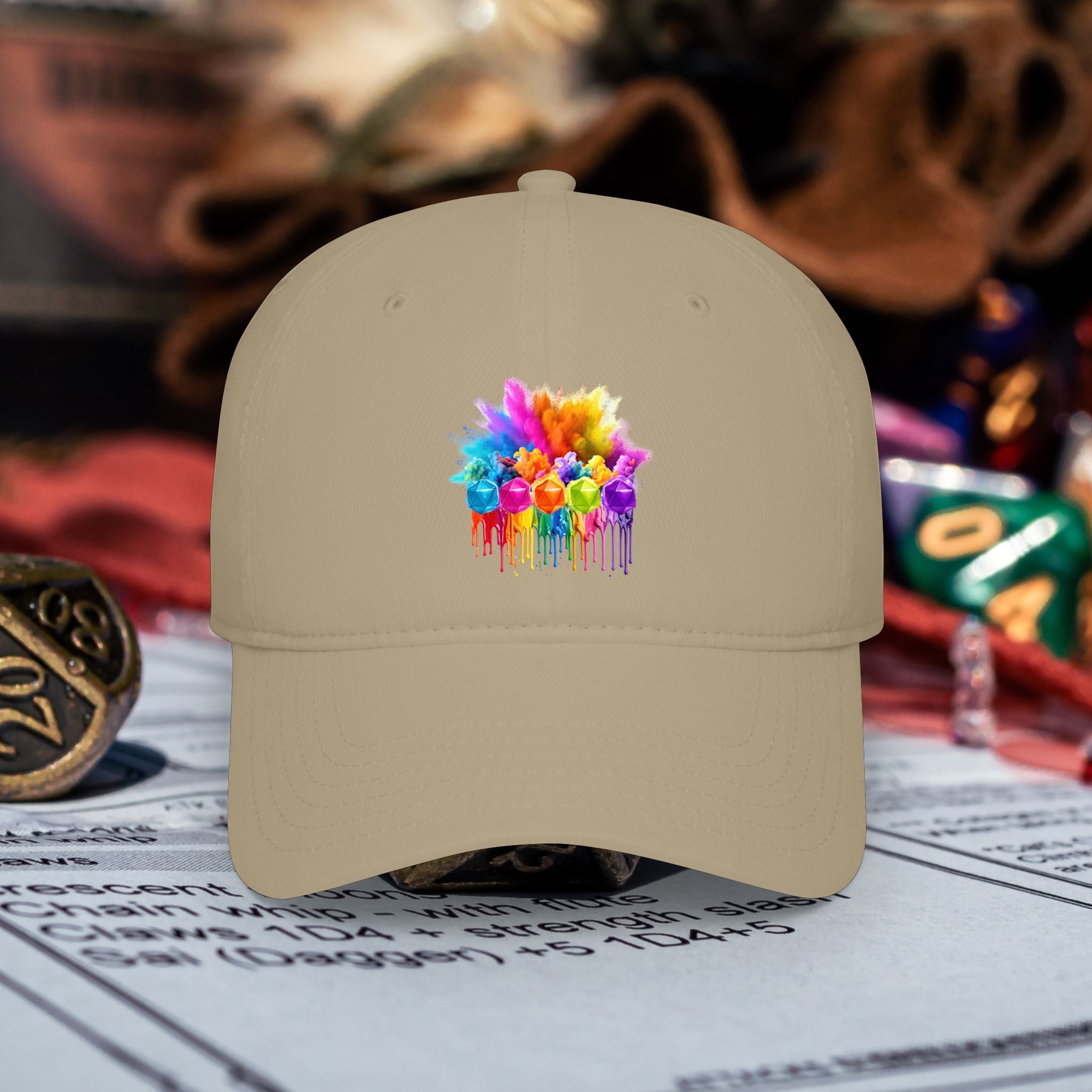 Colorful D20 Baseball Cap — Vibrant Dice Paint Splash Low-Profile Hat
