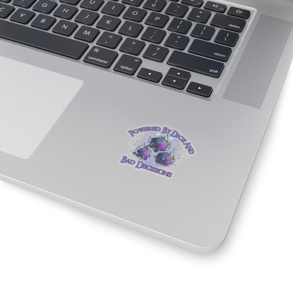 Kiss-Cut Sticker — “Powered by Dice and Bad Decisions” RPG Dice Humor Sticker