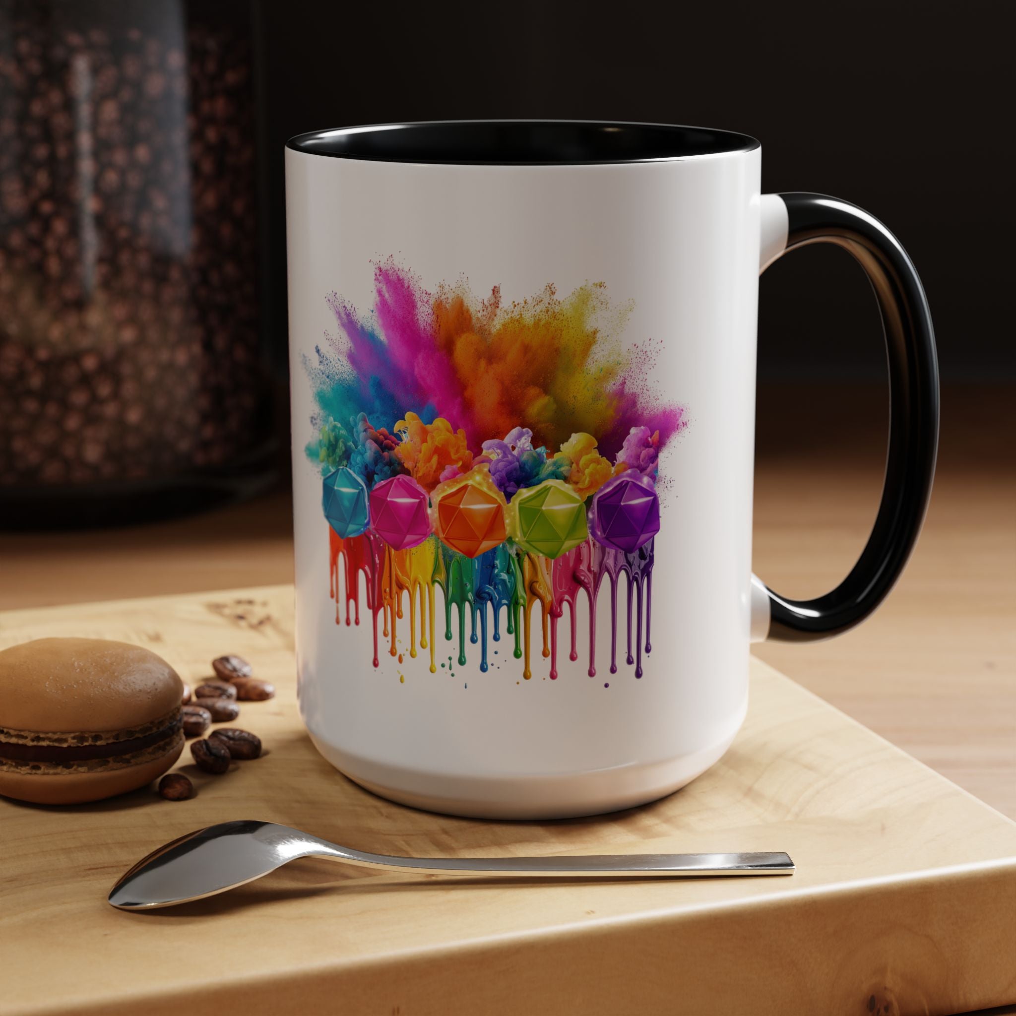Colorful Dripping D20 Coffee Mug — Vibrant Rainbow Dice Design (15 oz)