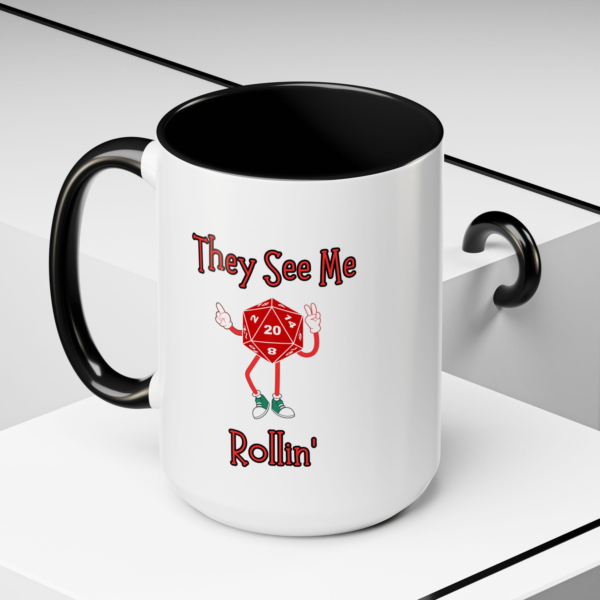 D20 'They See Me Rollin'' Accent Coffee Mug — Funny Dungeons & Dragons Gamer Gift (15 oz)