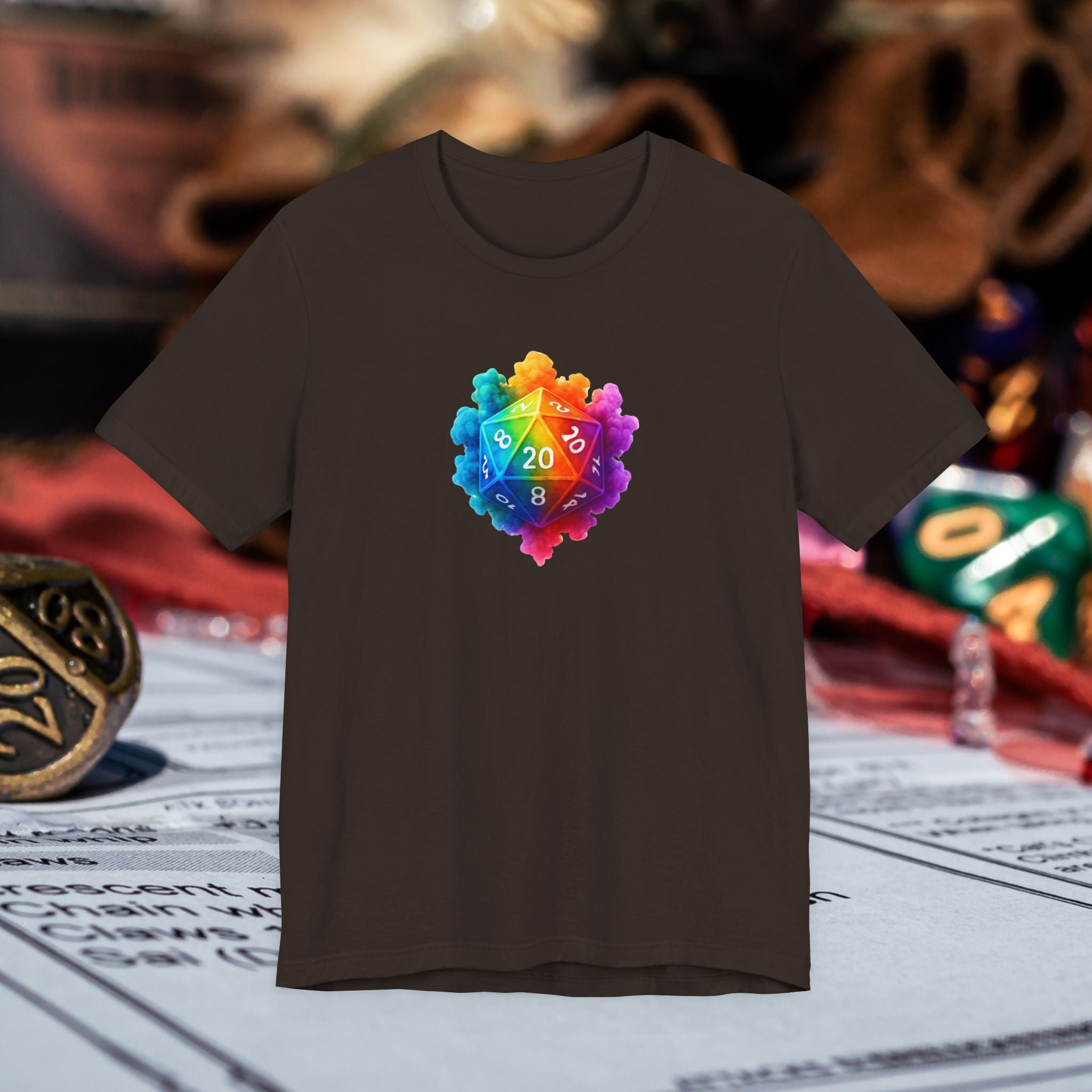 D20 Rainbow Heart T‑Shirt — Colorful Tabletop RPG Dice Tee