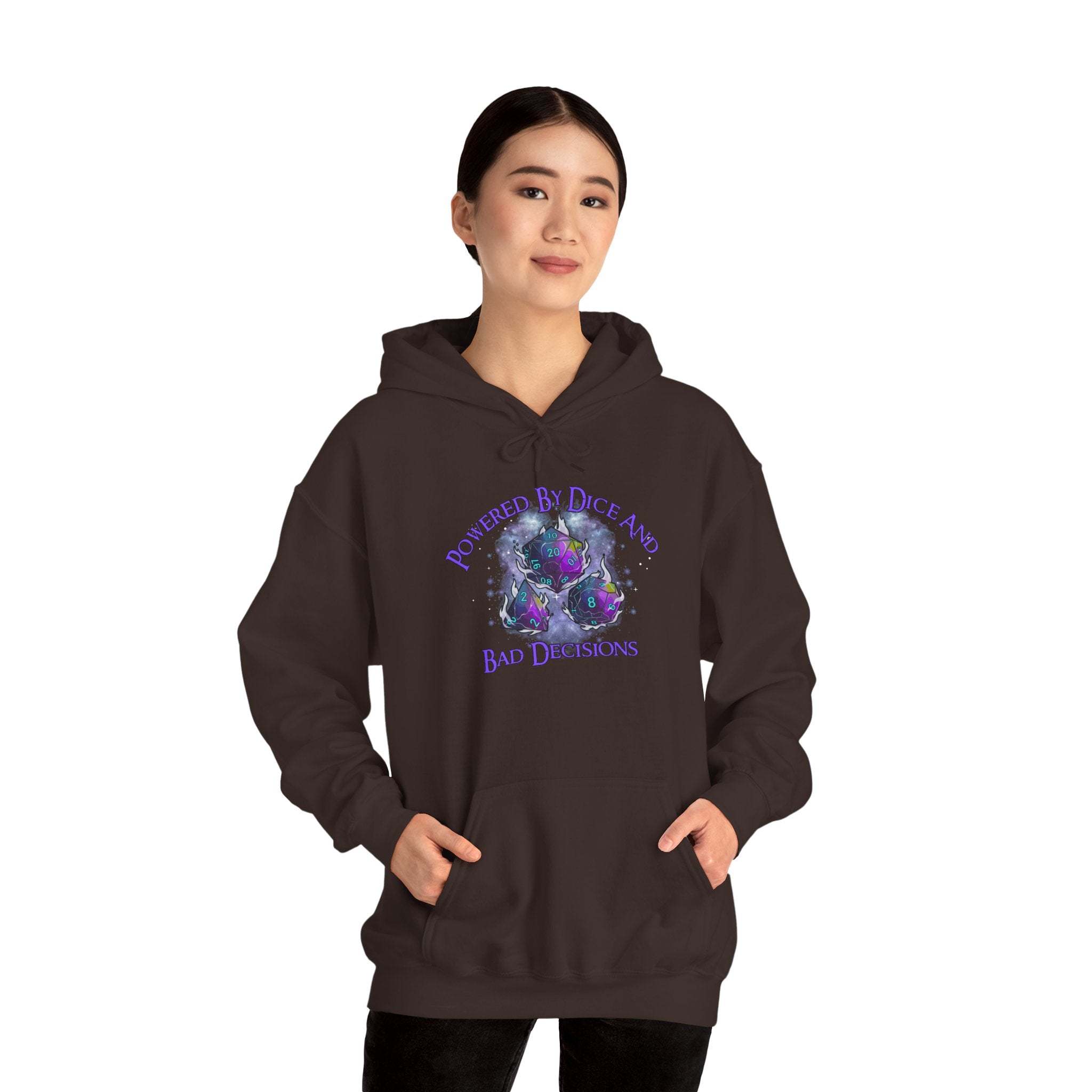 Hoodie — "Powered by Dice and Bad Decisions" RPG Dice Graphic Hoodie