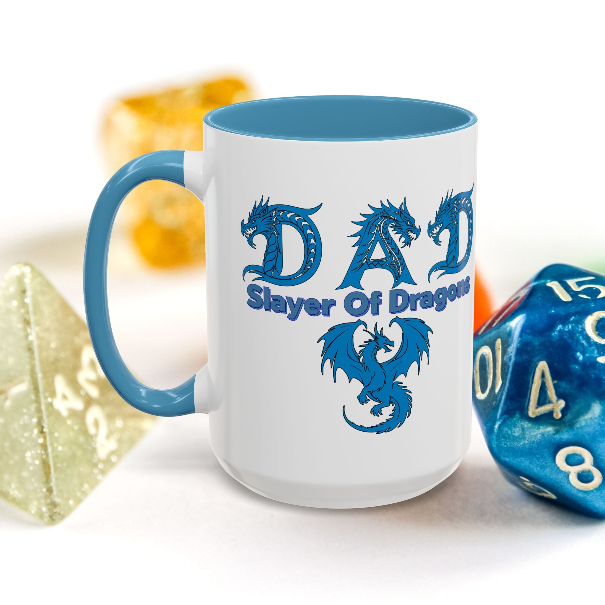 Dad Slayer of Dragons Accent Coffee Mug — Fantasy Dungeons & Dragons Gift
