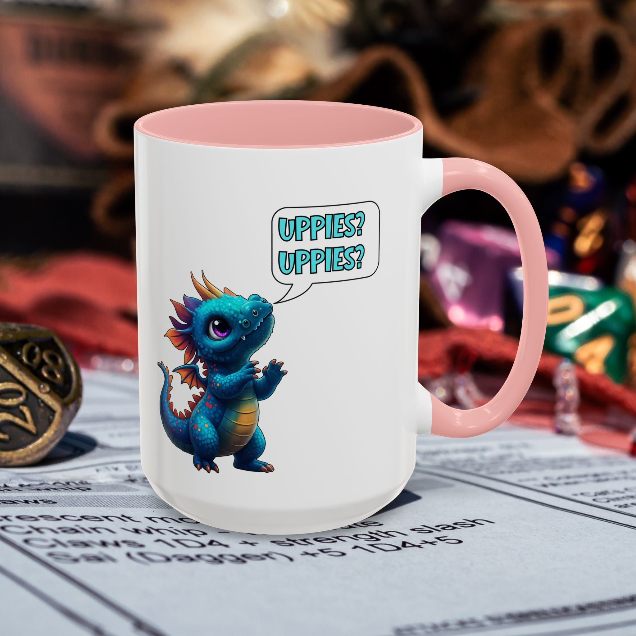 Dragon Coffee Mug - Cute Blue Dragon Saying 'Uppies? Uppies?' - Fantasy D20 Gamer Gift (15oz)
