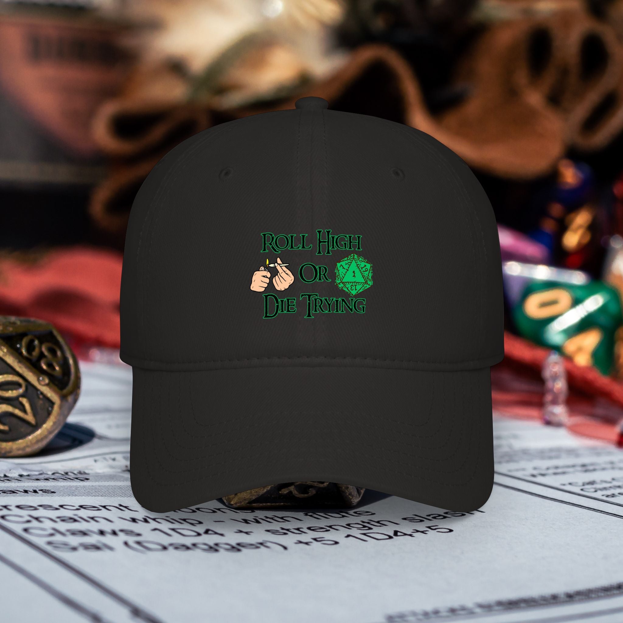 Roll High or Die Trying Baseball Cap — D20 Dice RPG Gamer Hat