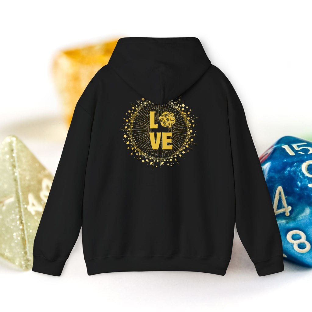 LOVE D20 Hoodie — Gold Glitter Dice Heart Gamer Gaming RPG Hooded Sweatshirt